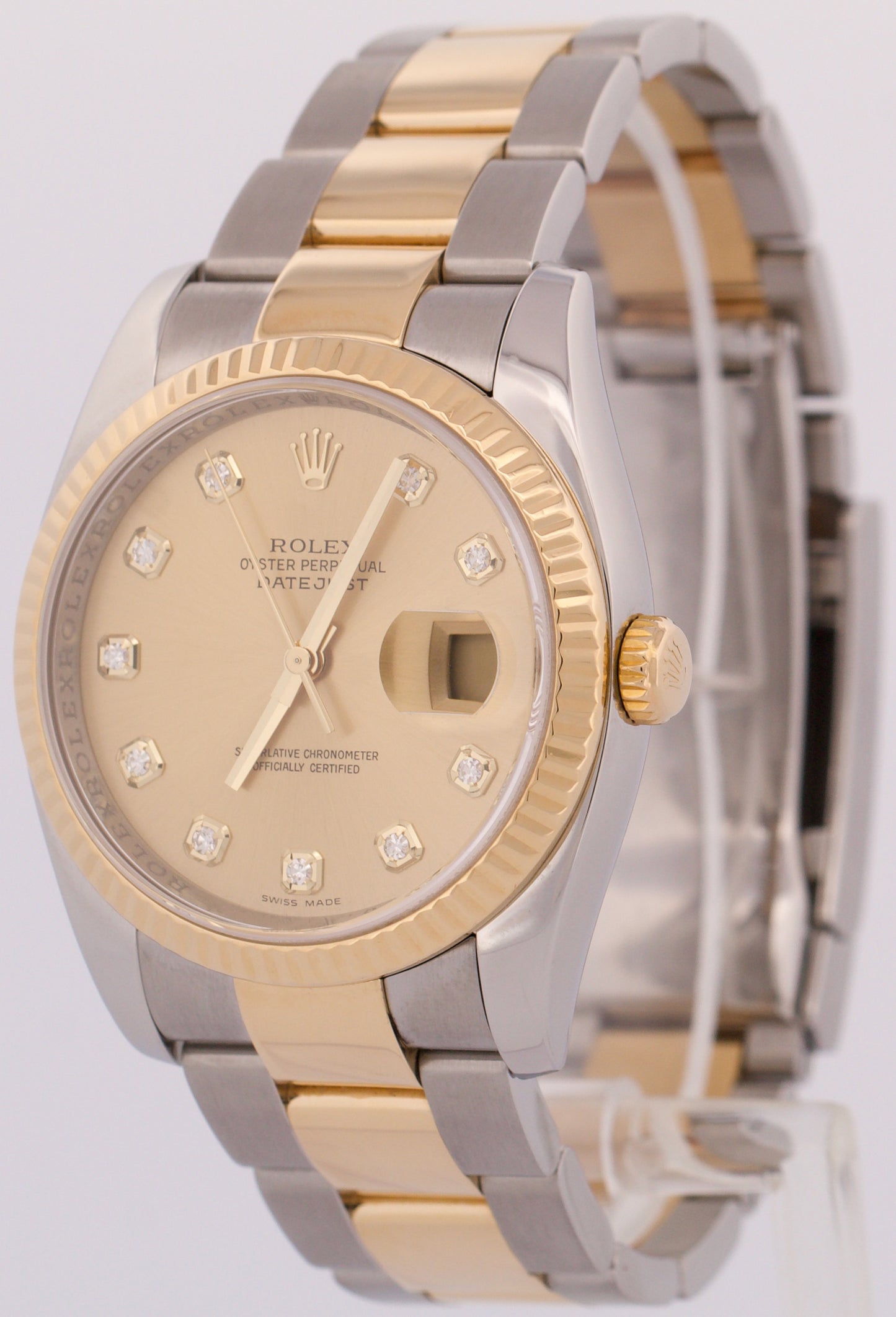 MINT Rolex DateJust 36mm CHAMPAGNE DIAMOND 18K Gold Fluted OYSTER 116233 Watch