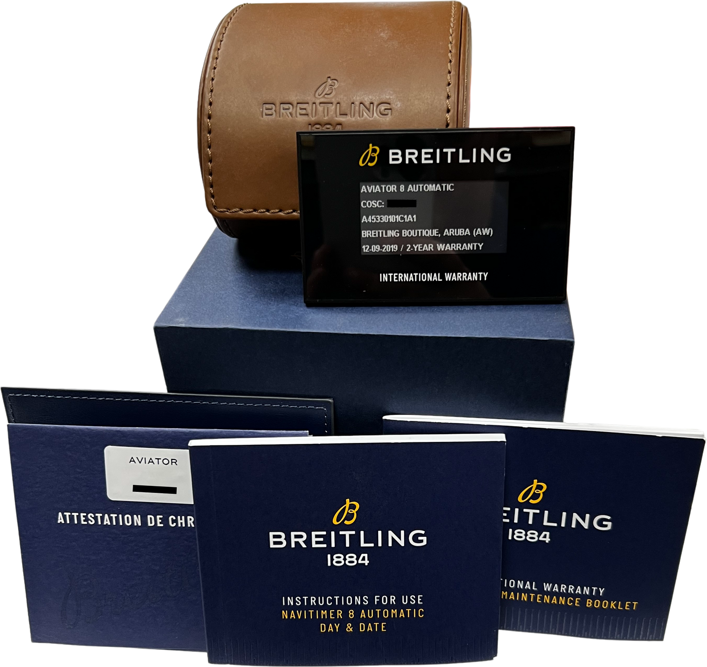 MINT Breitling Aviator 8 Day-Date PAPERS Stainless Blue 41mm Watch A45330 B+P