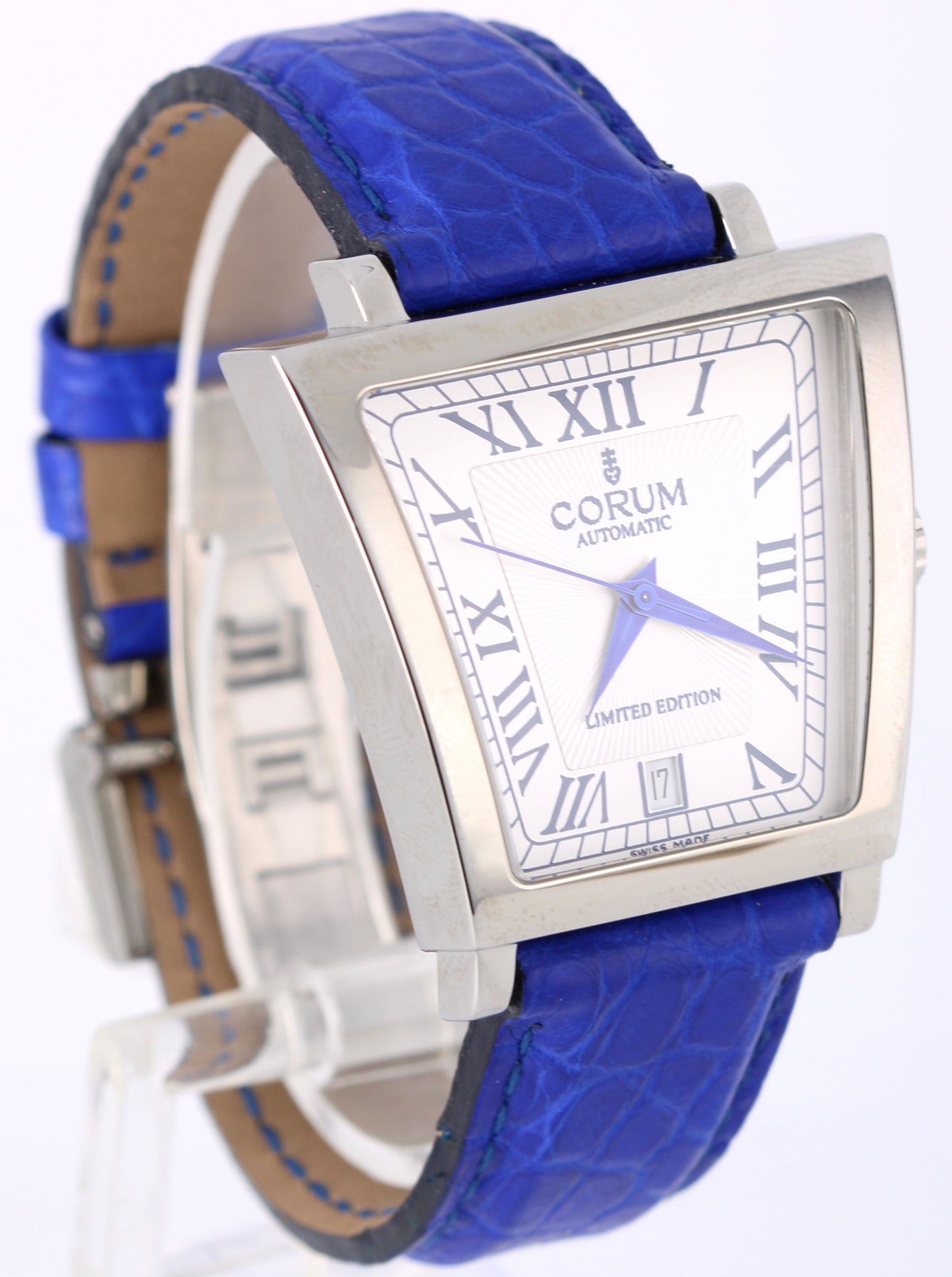 Corum Trapeze LIMITED EDITION Silver Blue Roman Numeral 39mm 82.404.20 Watch BOX