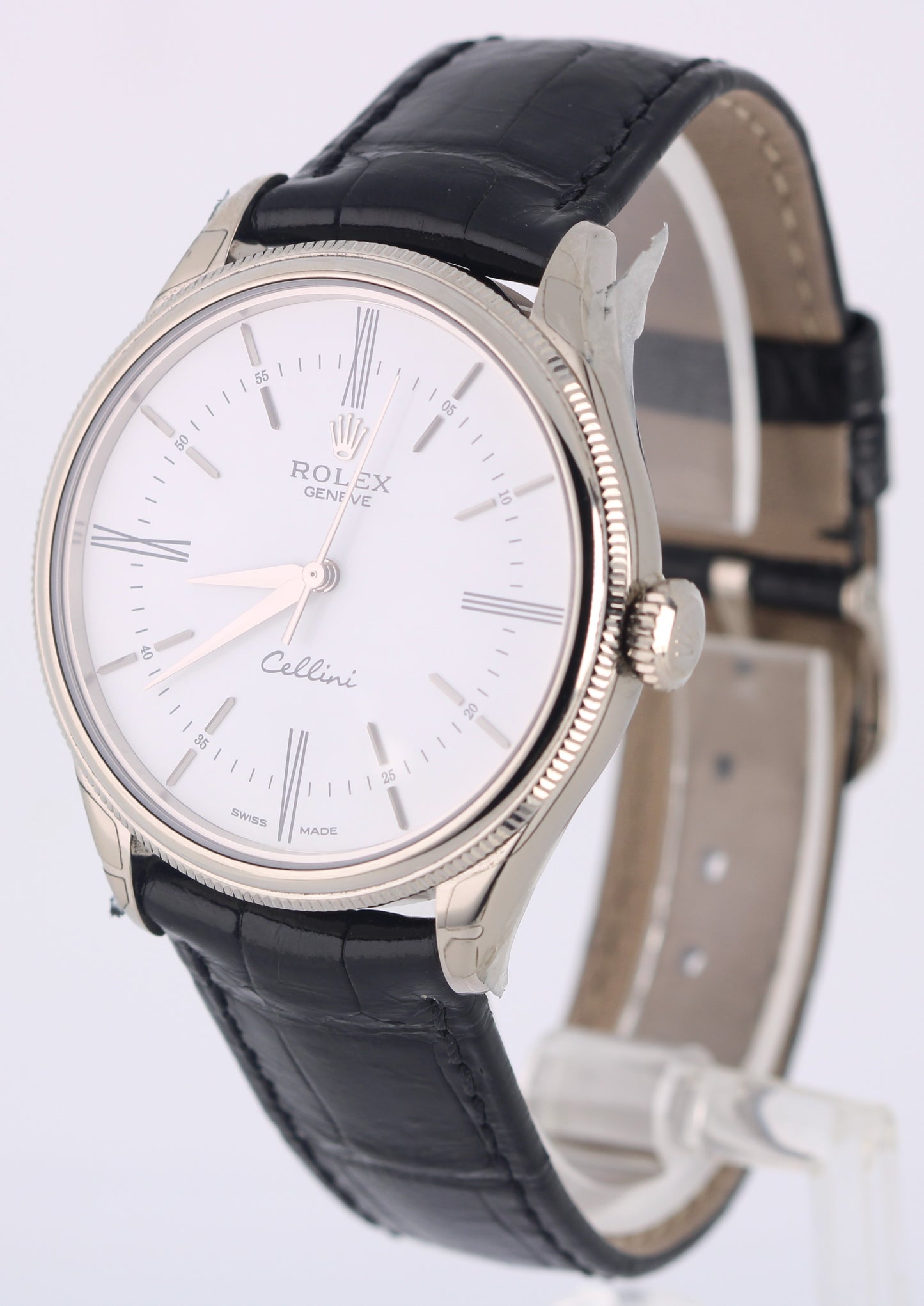 STICKERED Rolex Cellini 18K White Gold White 39mm Black Leather 50509 Watch