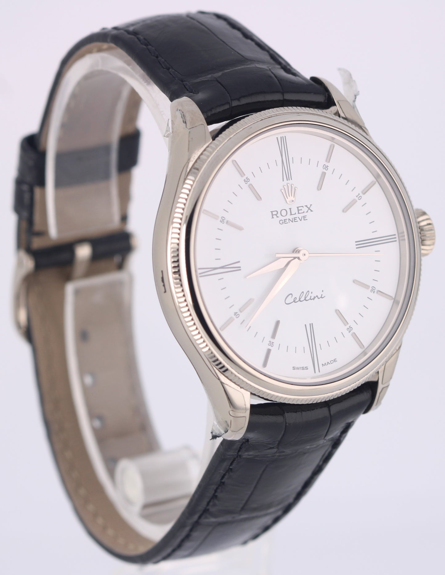STICKERED Rolex Cellini 18K White Gold White 39mm Black Leather 50509 Watch