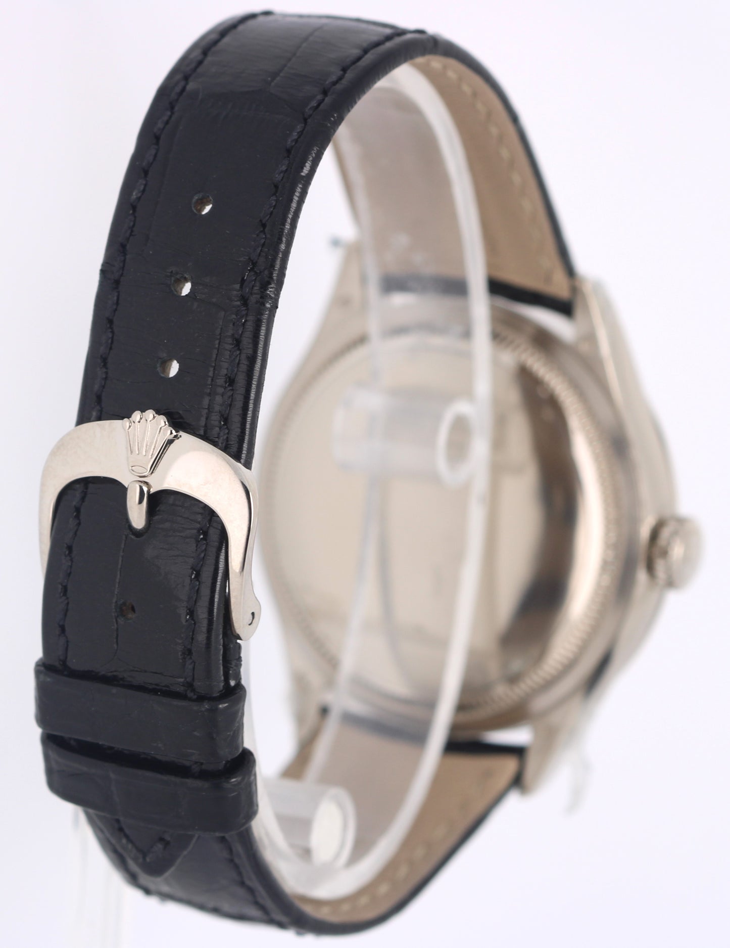 STICKERED Rolex Cellini 18K White Gold White 39mm Black Leather 50509 Watch