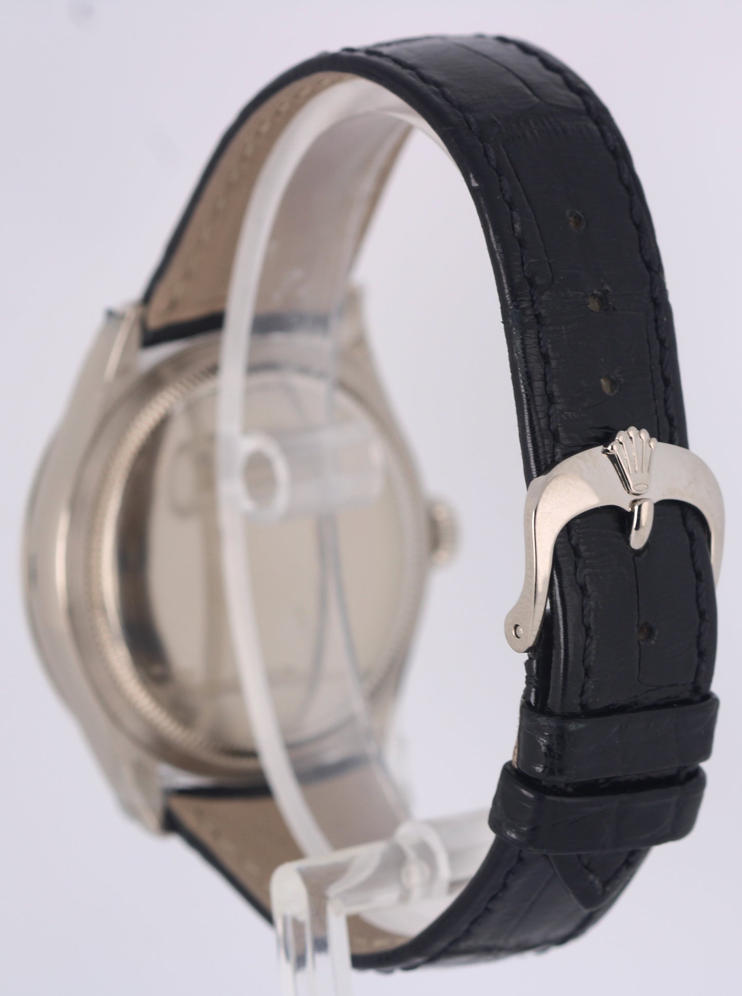 STICKERED Rolex Cellini 18K White Gold White 39mm Black Leather 50509 Watch