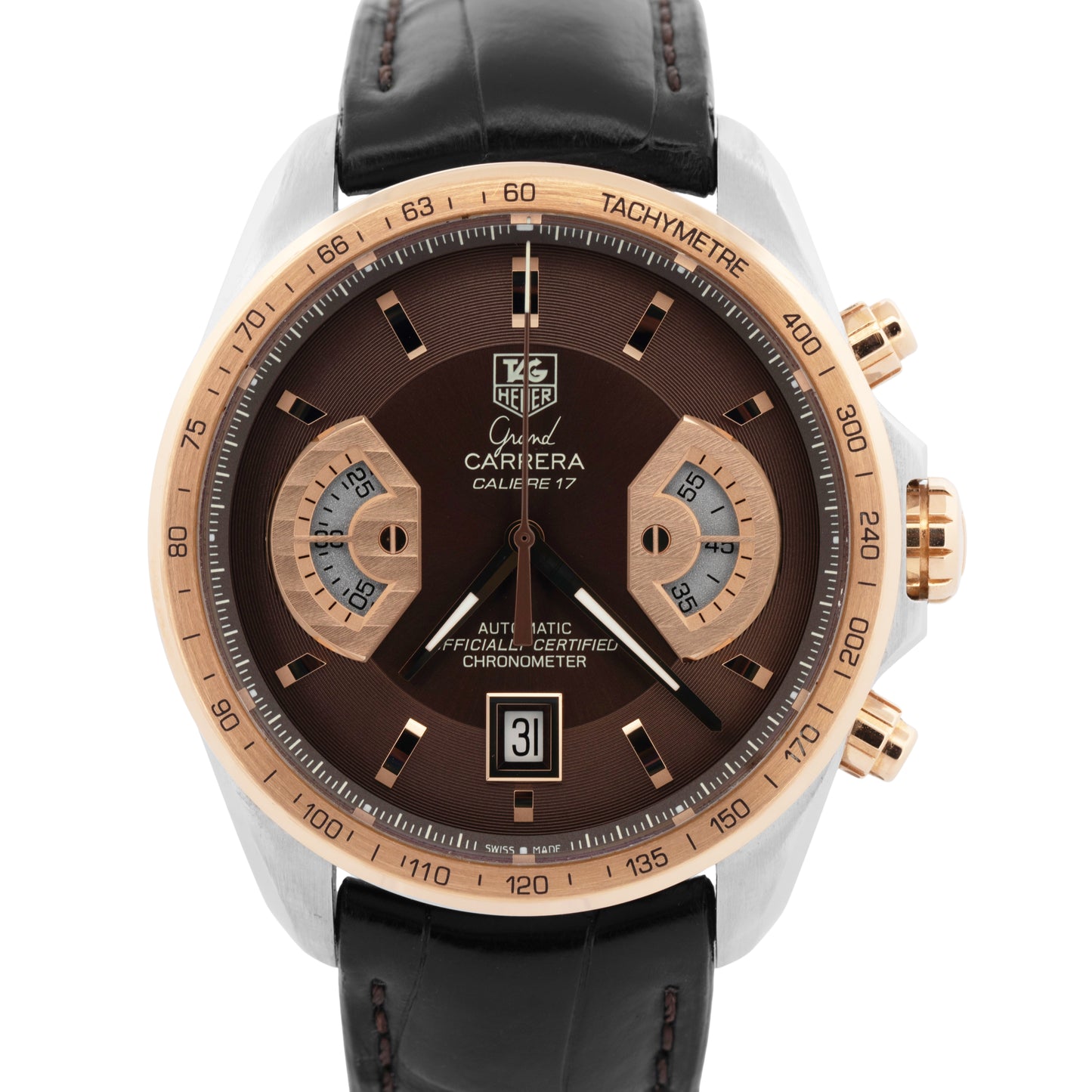 Tag Heuer Grand Carrera Brown 43mm Chrono Rose Gold Steel Watch CAV515C.FC6225