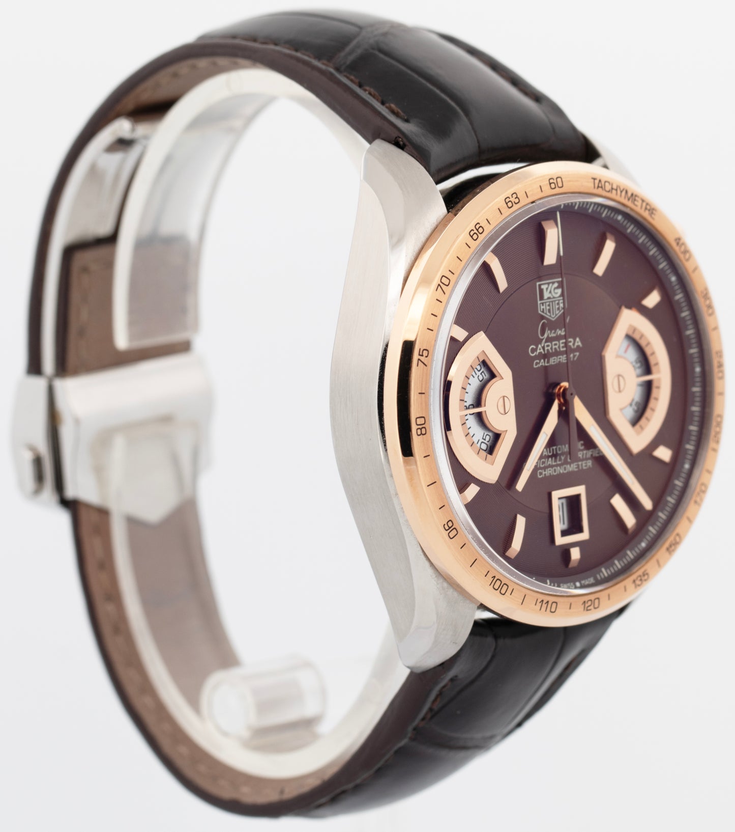Tag Heuer Grand Carrera Brown 43mm Chrono Rose Gold Steel Watch CAV515C.FC6225