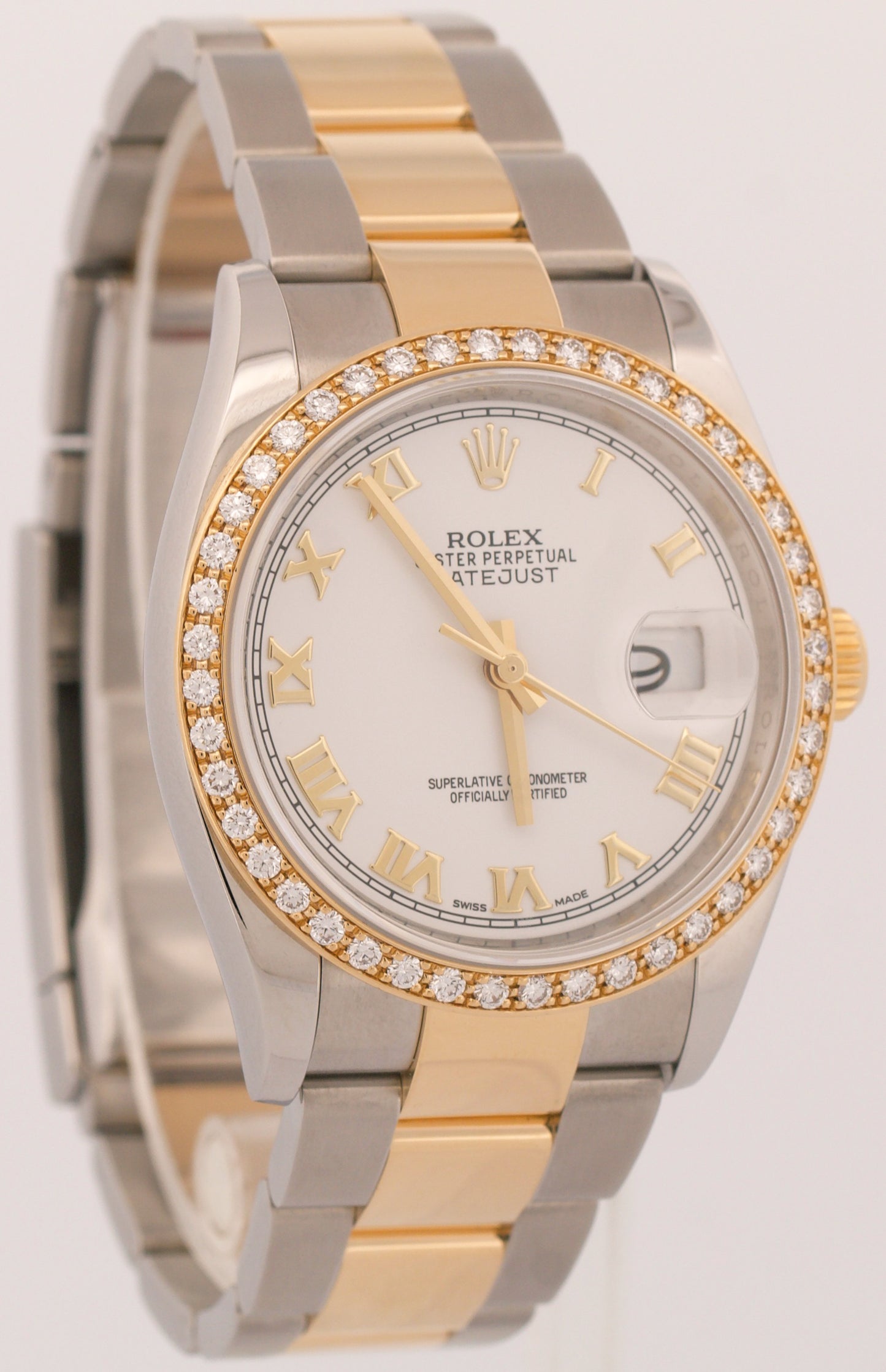 MINT Rolex DateJust WHITE ROMAN DIAMOND 36mm 18K Yellow Gold Oyster Steel 126203