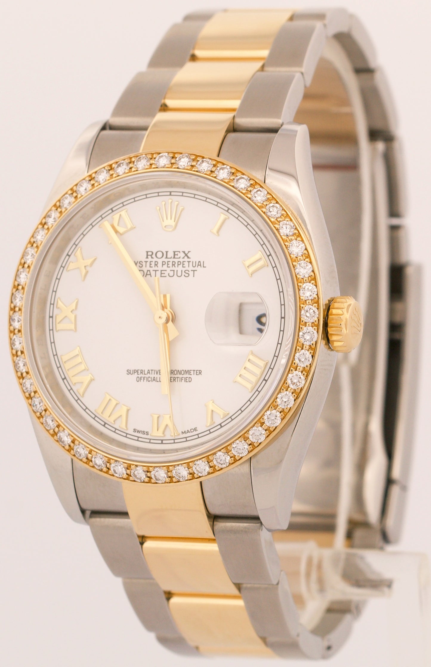 MINT Rolex DateJust WHITE ROMAN DIAMOND 36mm 18K Yellow Gold Oyster Steel 126203