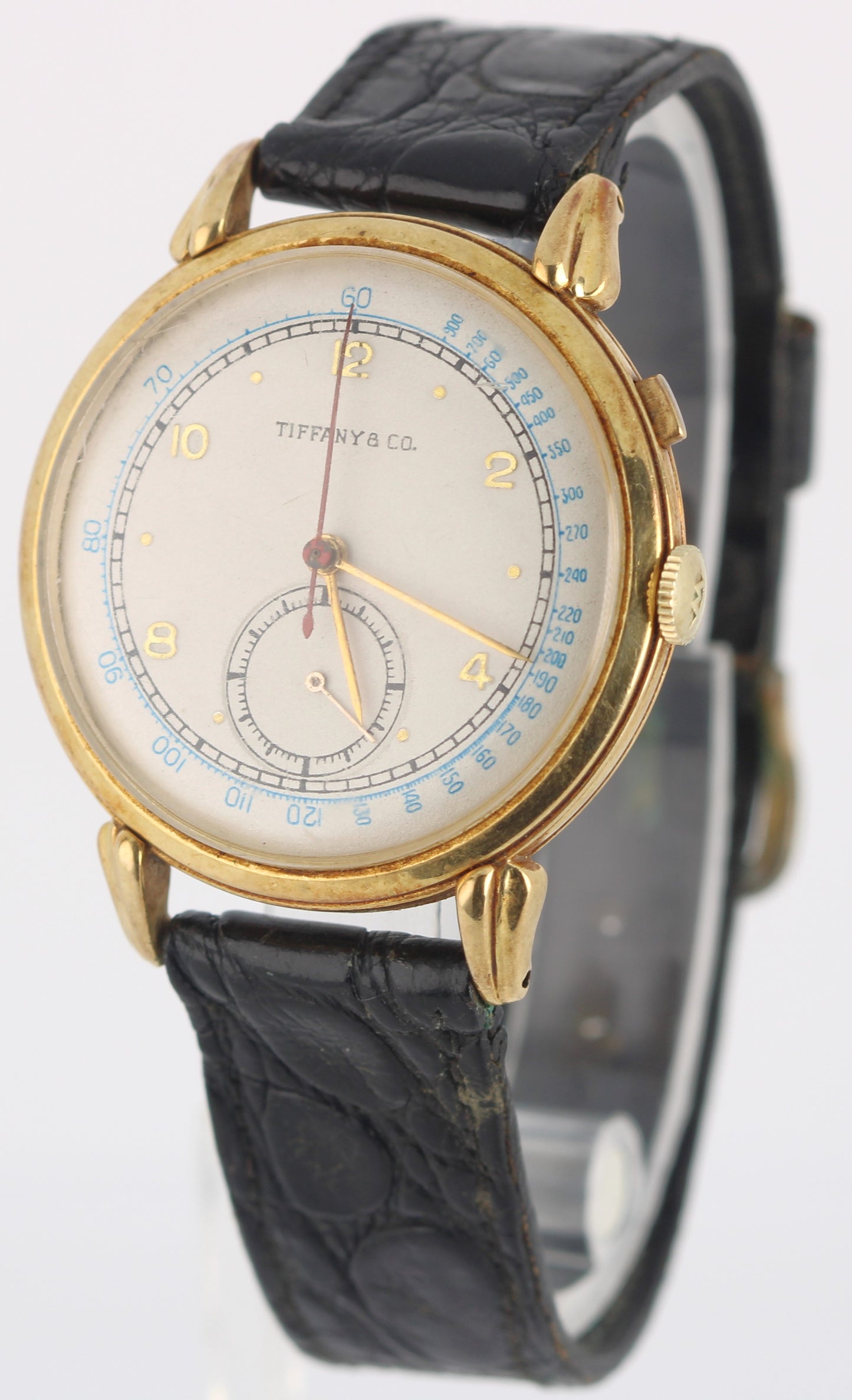 VINTAGE Tiffany & Co Chronograph 14k Yellow Gold Silver 35mm 44870 Manual Watch