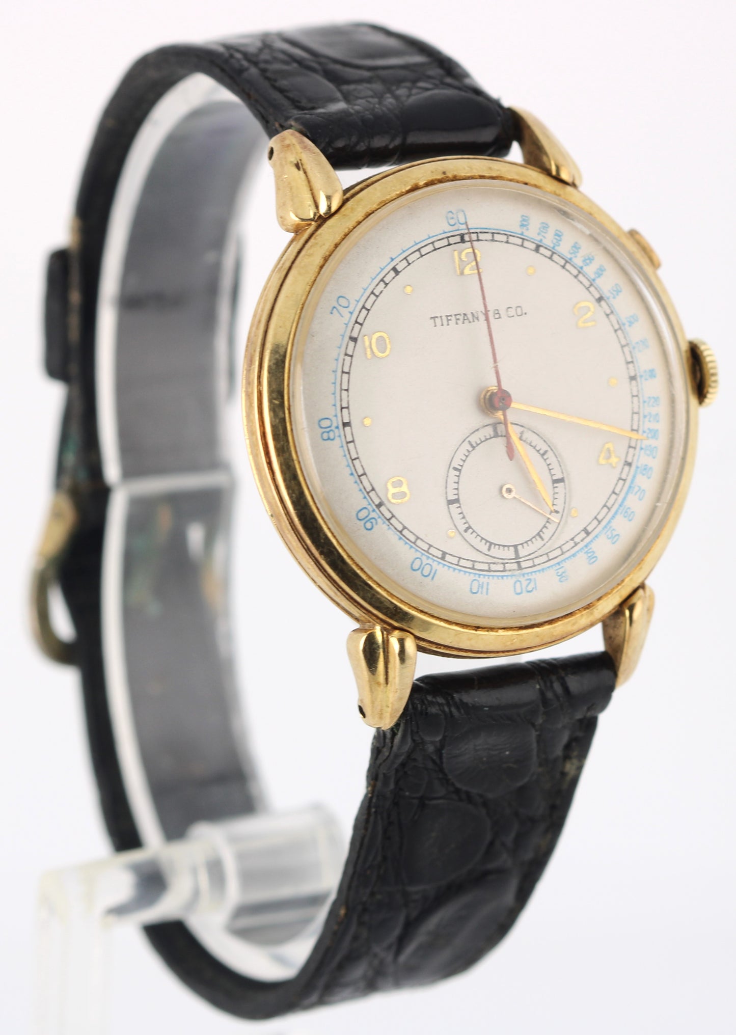 VINTAGE Tiffany & Co Chronograph 14k Yellow Gold Silver 35mm 44870 Manual Watch