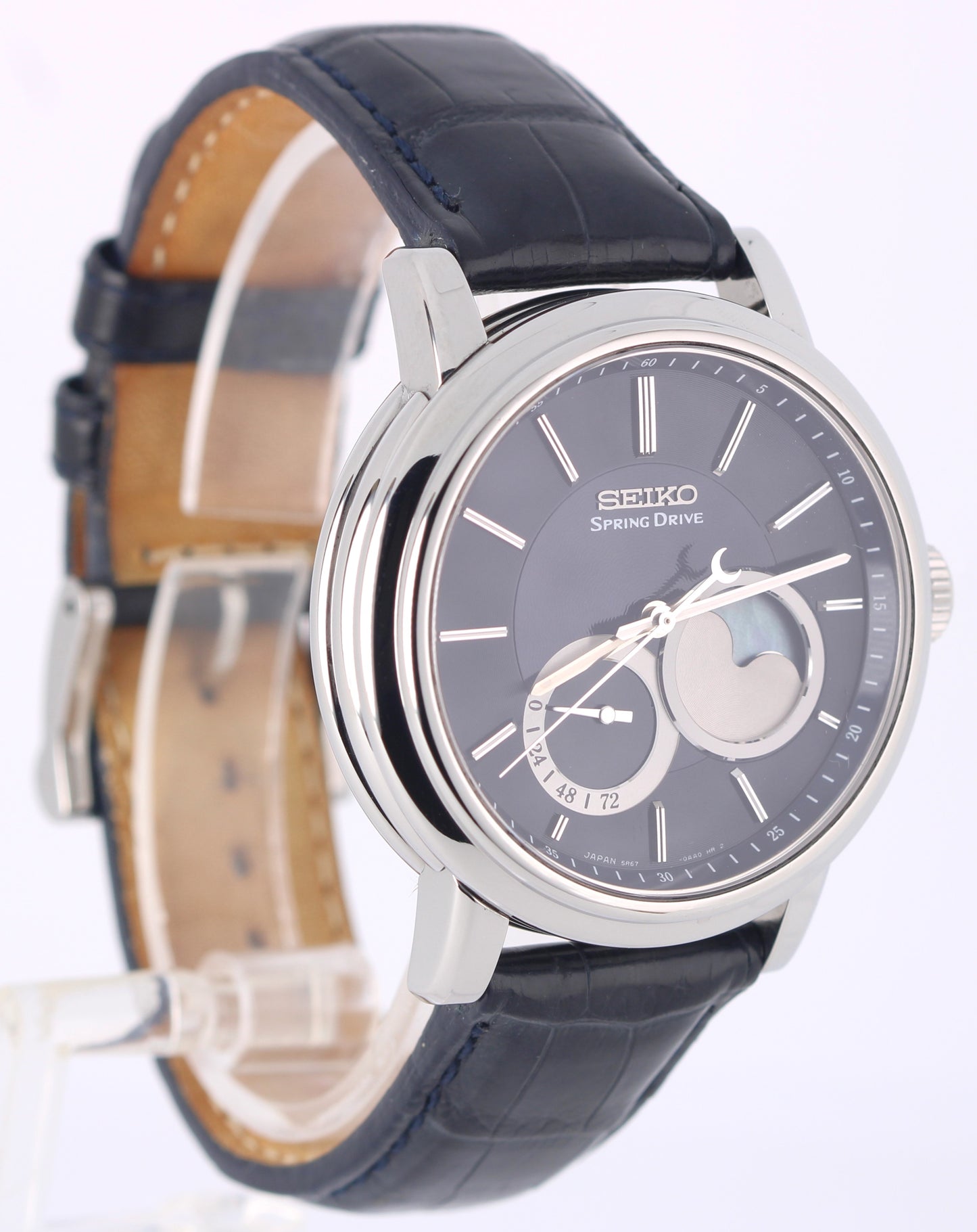 Seiko Spring Drive Moonphase PAPERS Steel Blue 41mm SNR011 Leather Watch BOX