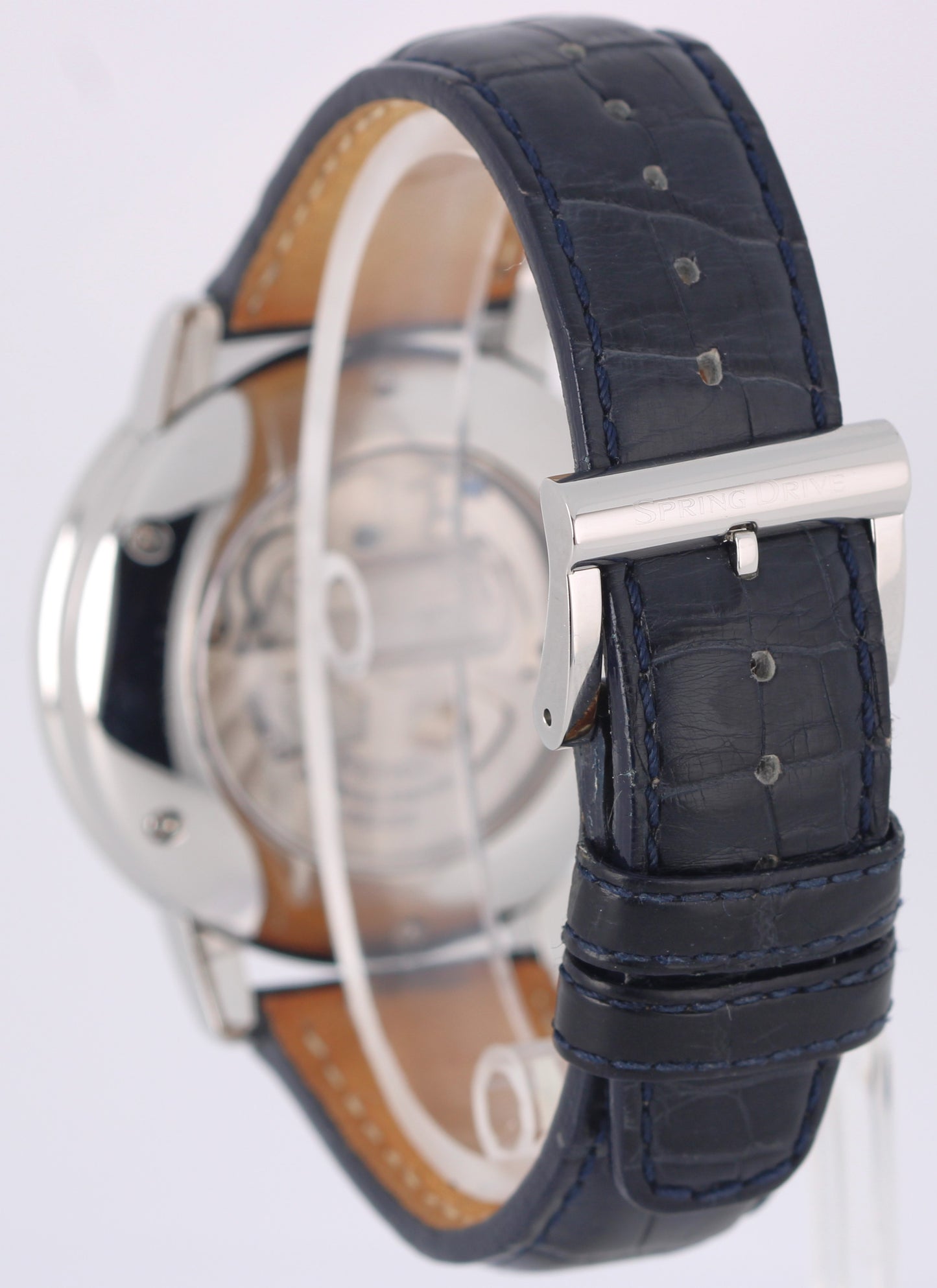 Seiko Spring Drive Moonphase PAPERS Steel Blue 41mm SNR011 Leather Watch BOX