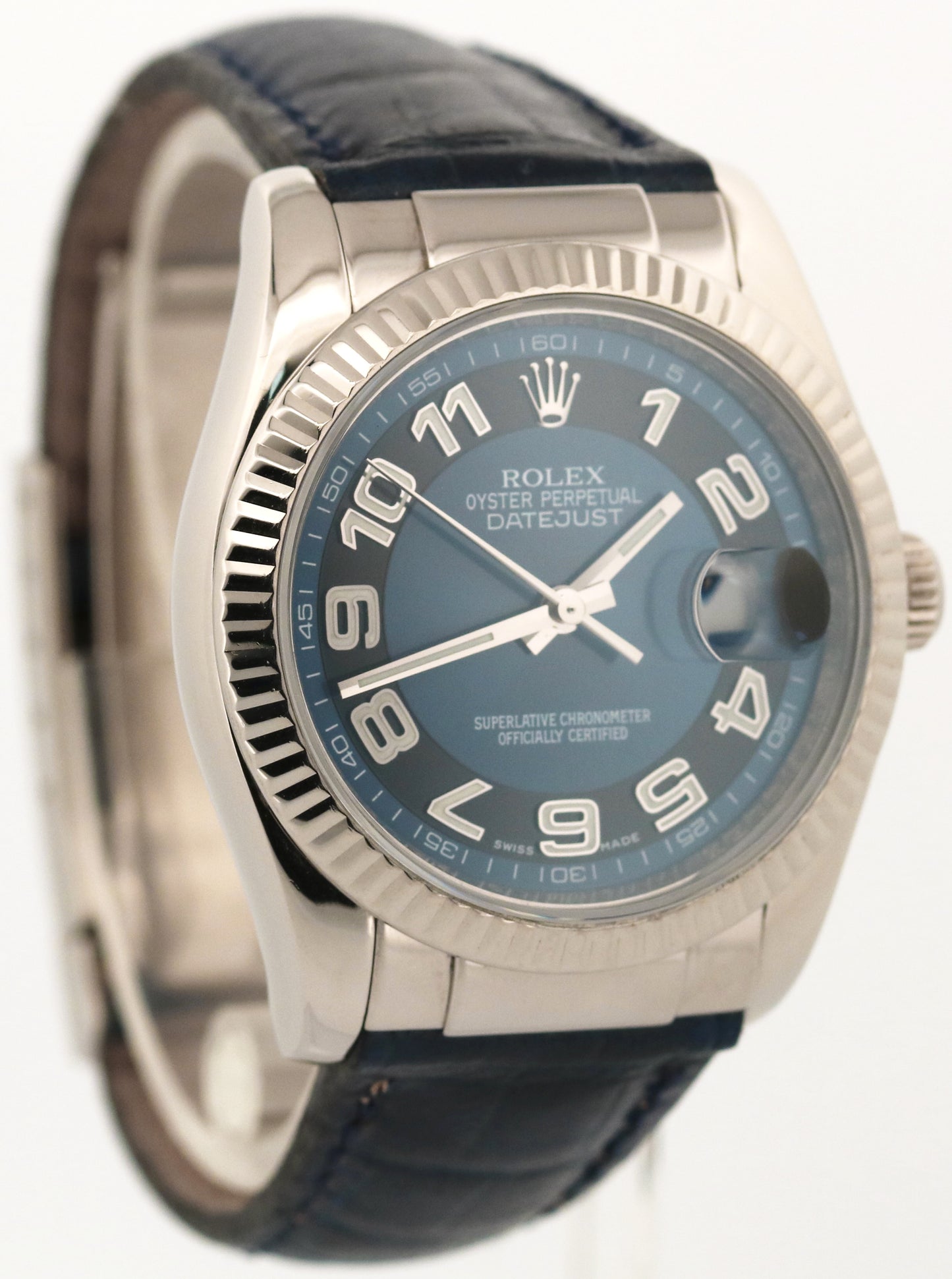 Rolex DateJust Blue Black CONCENTRIC 18K White Gold Fluted 36mm Leather 116139