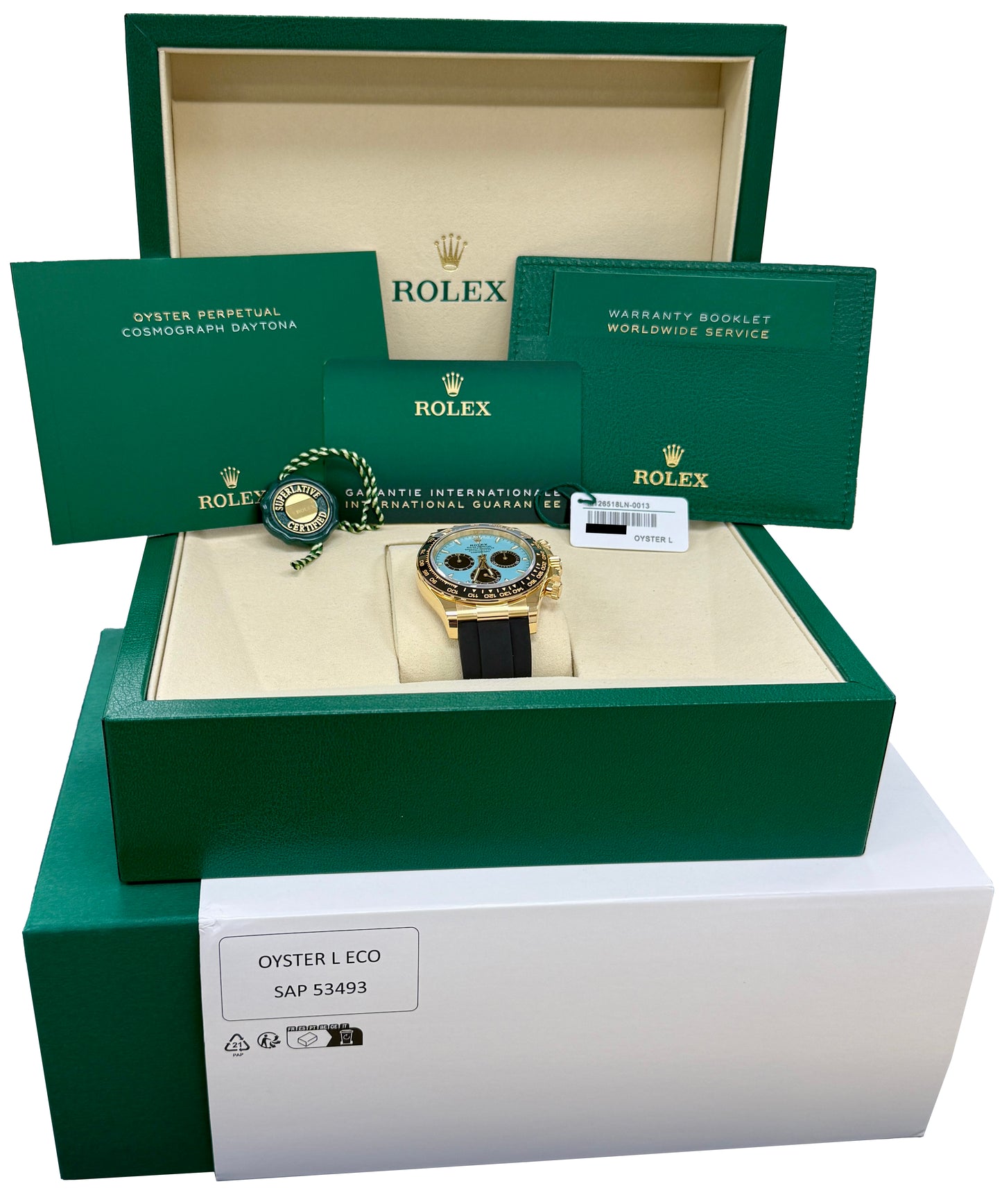 NEW 2025 PAPERS Rolex Daytona TURQUOISE Blue Oysterflex 18K Gold 126518 LN BOX