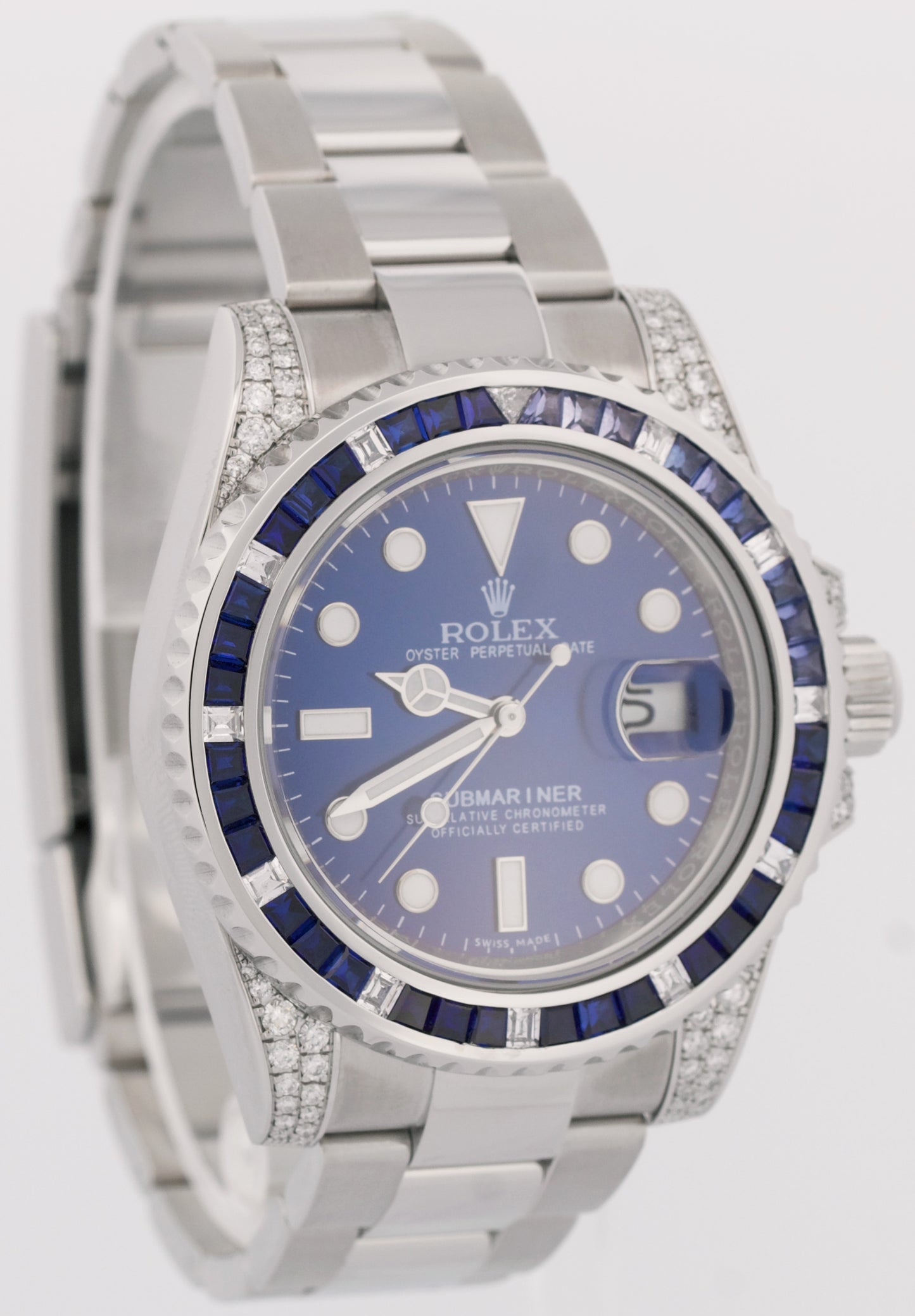 MINT Rolex Submariner Date Blue DIAMOND SAPPHIRE Bezel Lugs 40mm Watch 116610