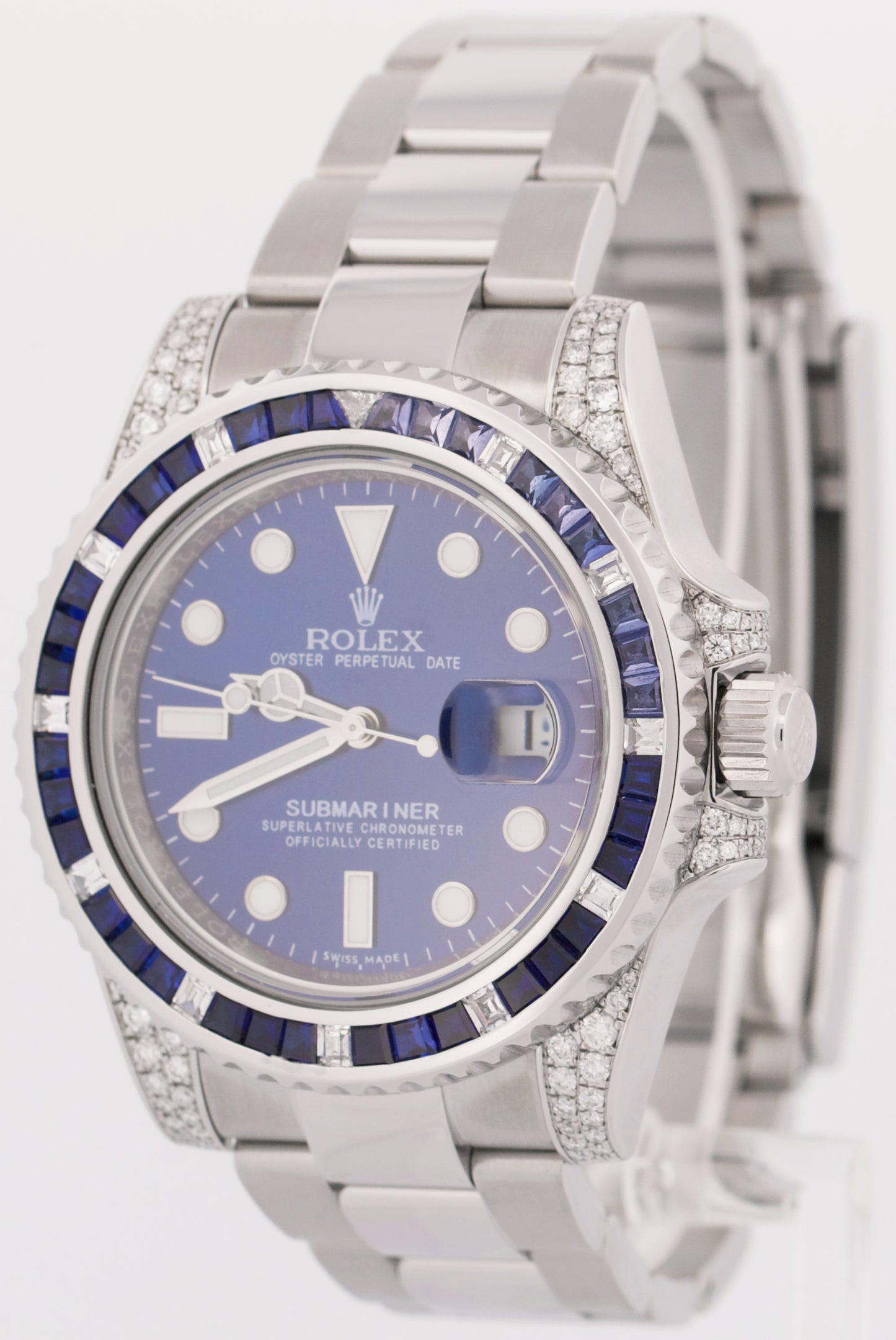 MINT Rolex Submariner Date Blue DIAMOND SAPPHIRE Bezel Lugs 40mm Watch 116610