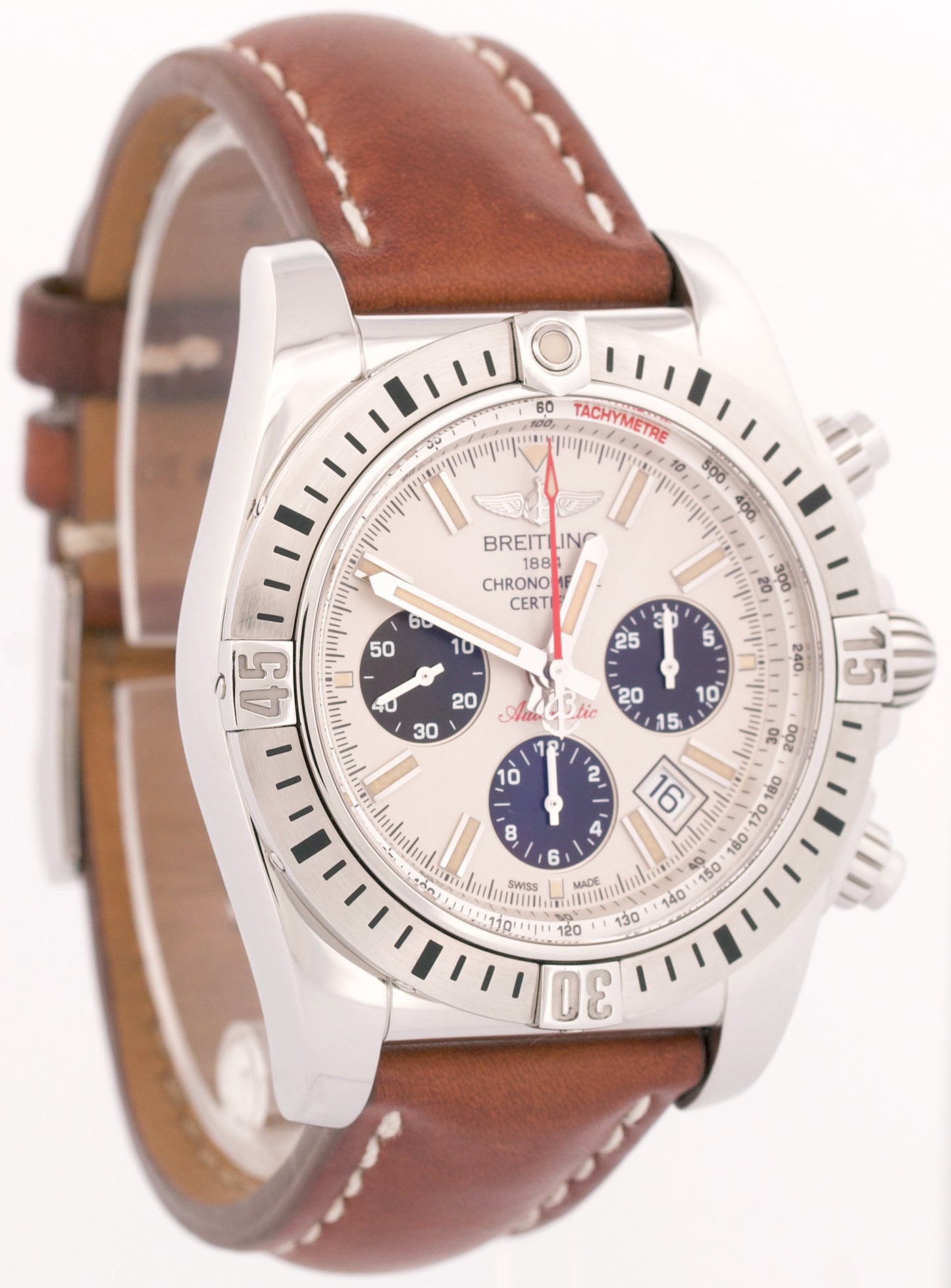 Breitling Chronomat Airborne 43mm Steel IVORY Leather Automatic Watch AB0115