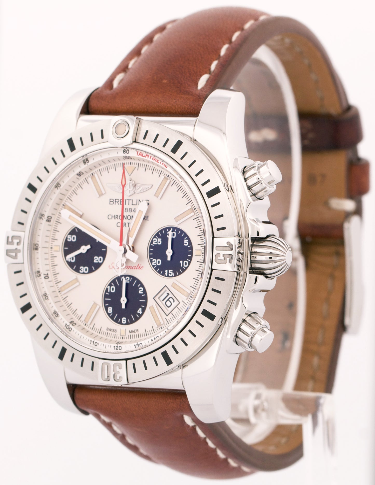 Breitling Chronomat Airborne 43mm Steel IVORY Leather Automatic Watch AB0115