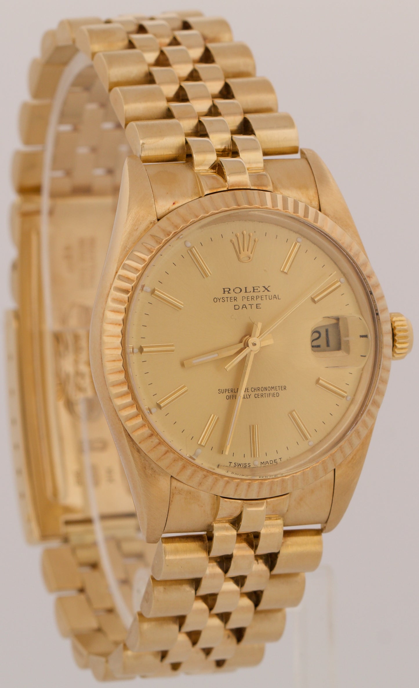 VINTAGE 1988 Rolex Oyster Perpetual Date 34mm CHAMPAGNE 14K Gold Fluted 15037