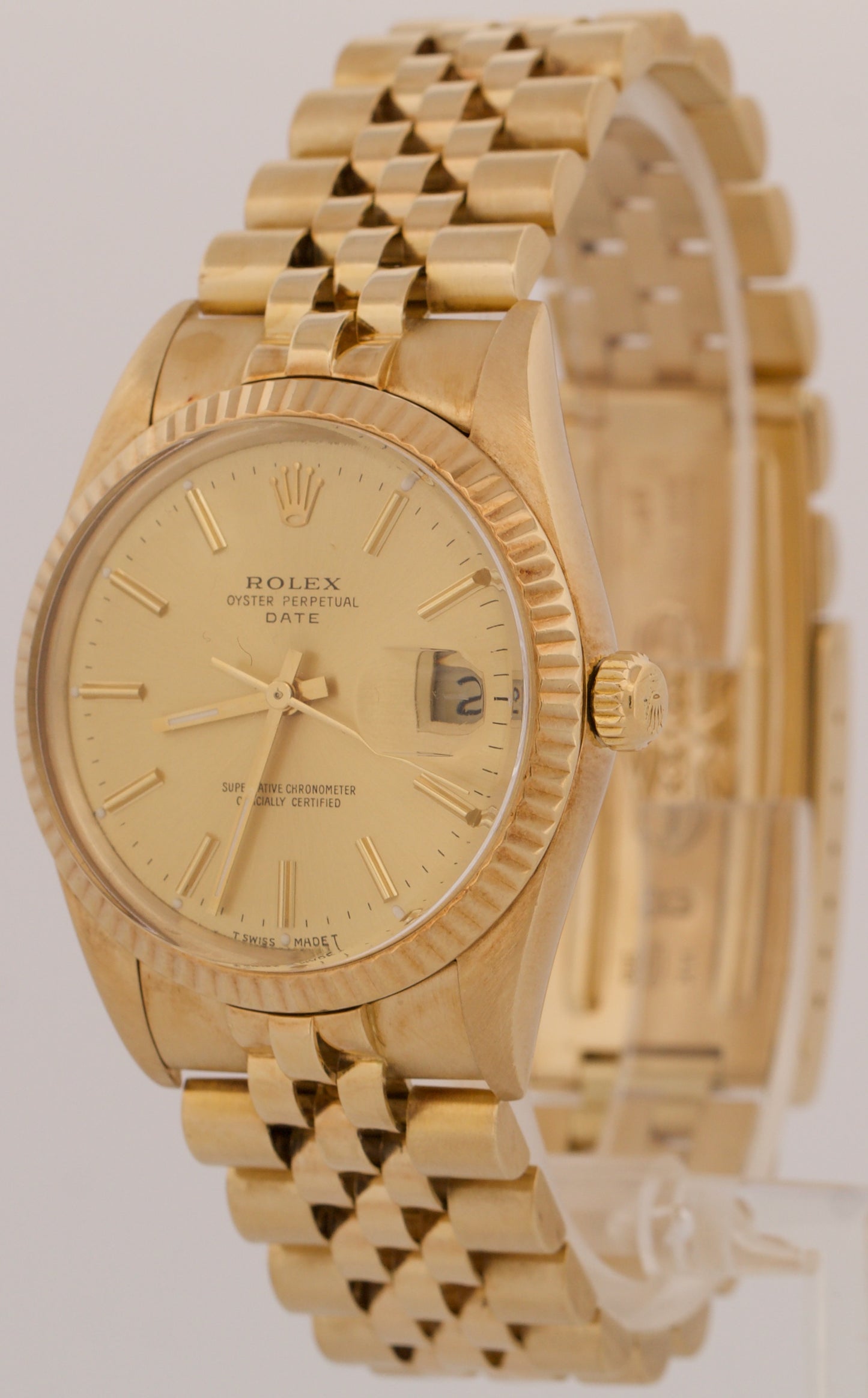 VINTAGE 1988 Rolex Oyster Perpetual Date 34mm CHAMPAGNE 14K Gold Fluted 15037