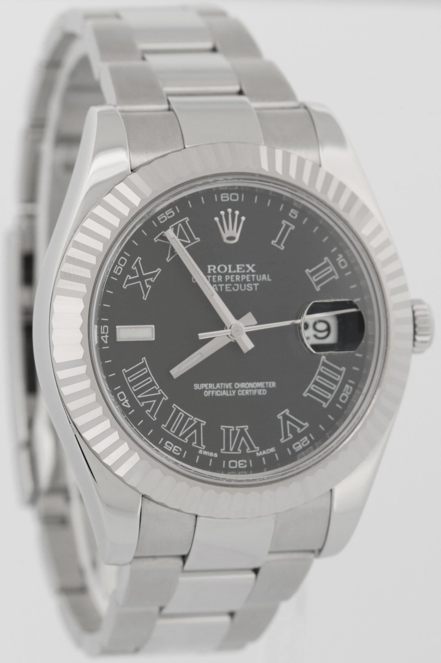 Rolex DateJust II BLACK ROMAN Stainless Steel Oyster 18K Gold 41mm Watch 116334