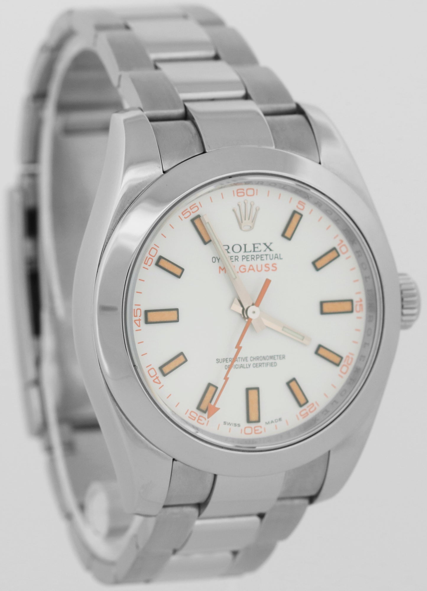 Rolex Milgauss WHITE Orange Stainless Steel 40mm 116400 Oyster Automatic Watch