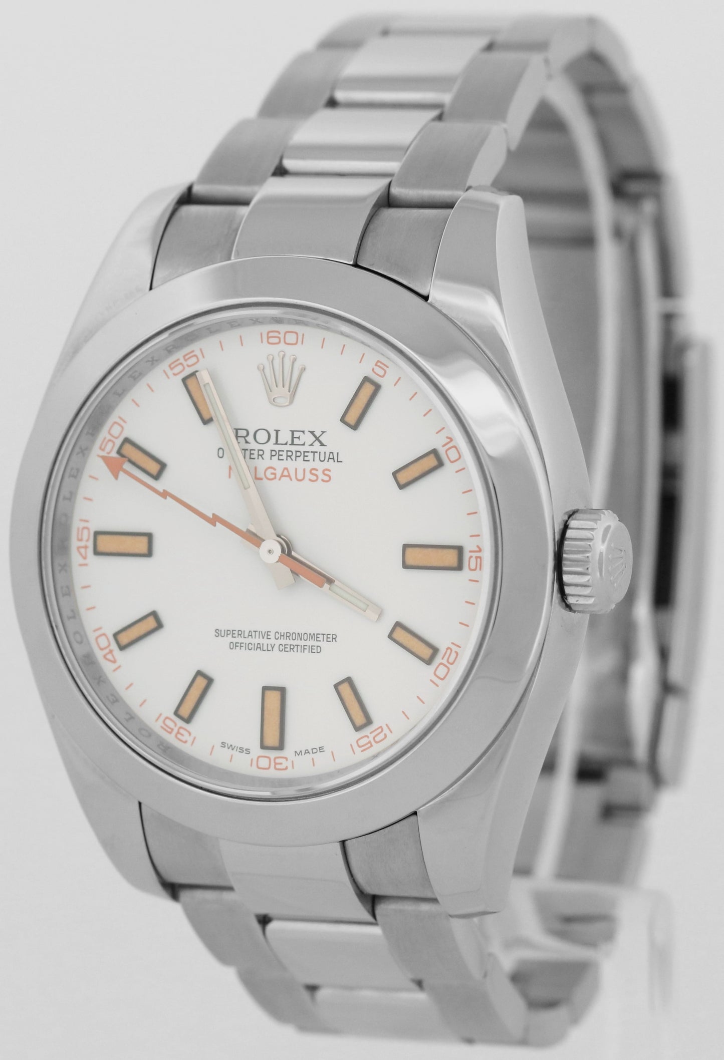 Rolex Milgauss WHITE Orange Stainless Steel 40mm 116400 Oyster Automatic Watch