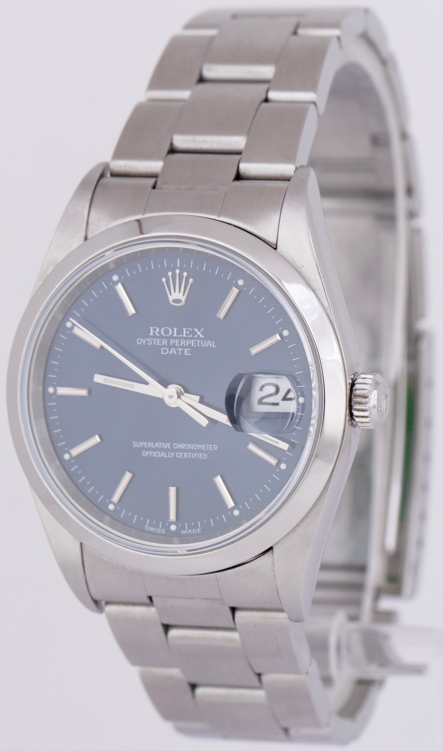 MINT Rolex Oyster Perpetual Date Blue 34mm Stainless Steel NO-HOLES Watch 15200