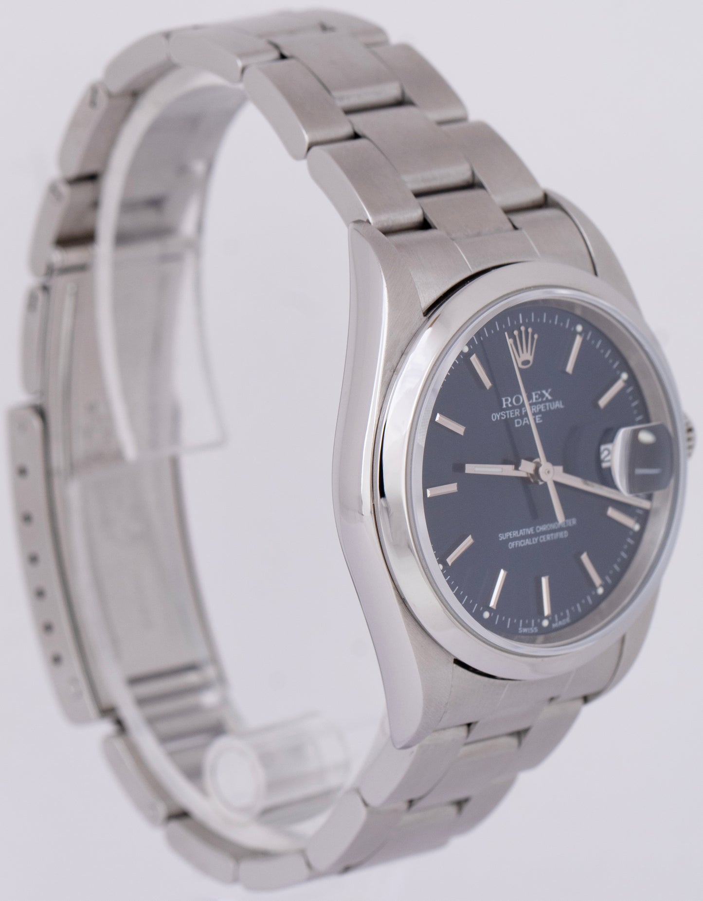 MINT Rolex Oyster Perpetual Date Blue 34mm Stainless Steel NO-HOLES Watch 15200