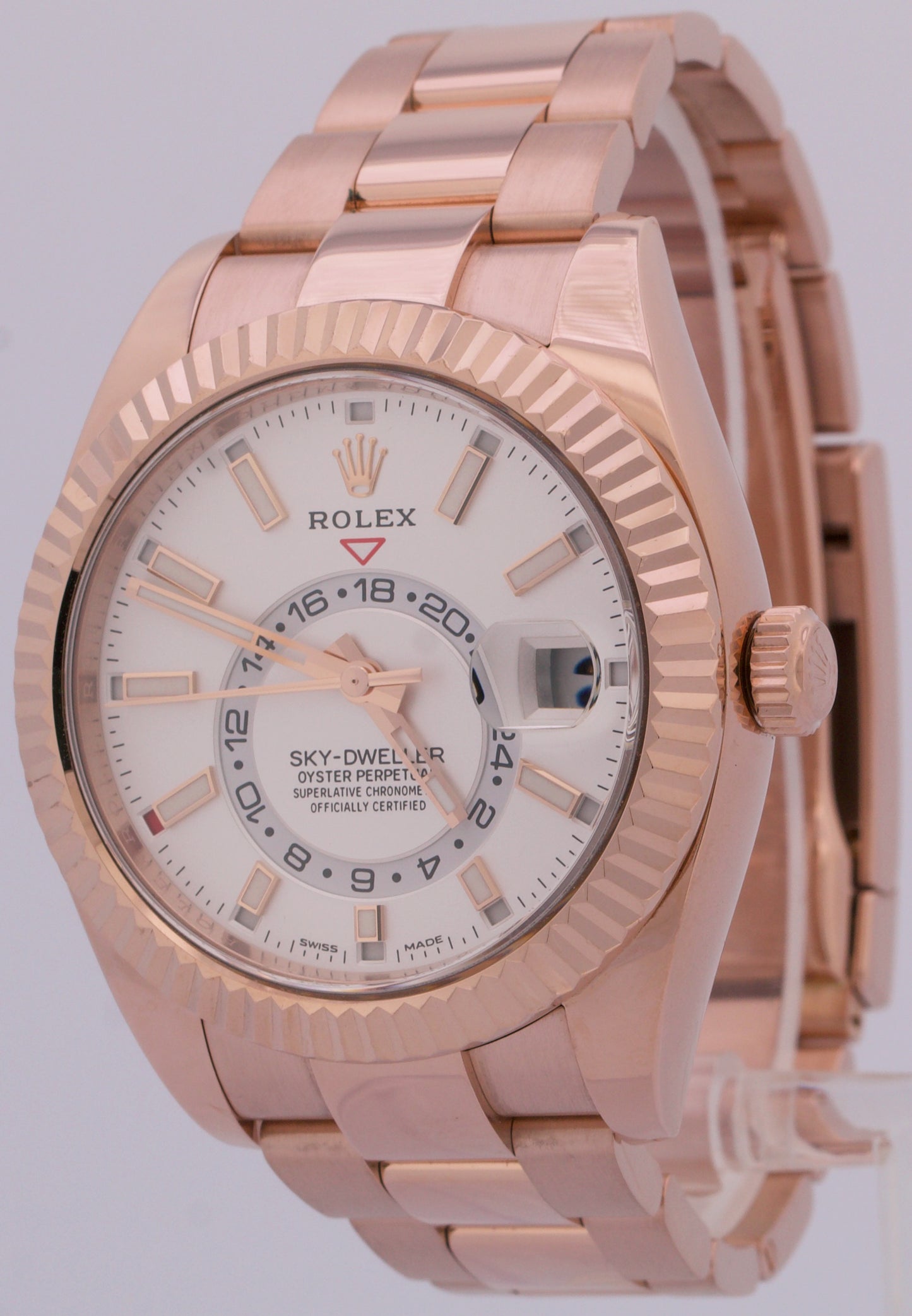 PAPERS Rolex Sky-Dweller 18K Rose Gold WHITE Fluted 42mm 326935 Watch BOX