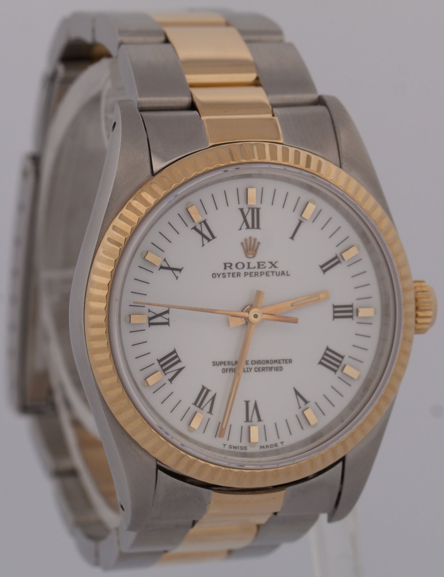 MINT Rolex Oyster Perpetual WHITE ROMAN Buckley 18K Gold Steel Oyster 34mm 14233