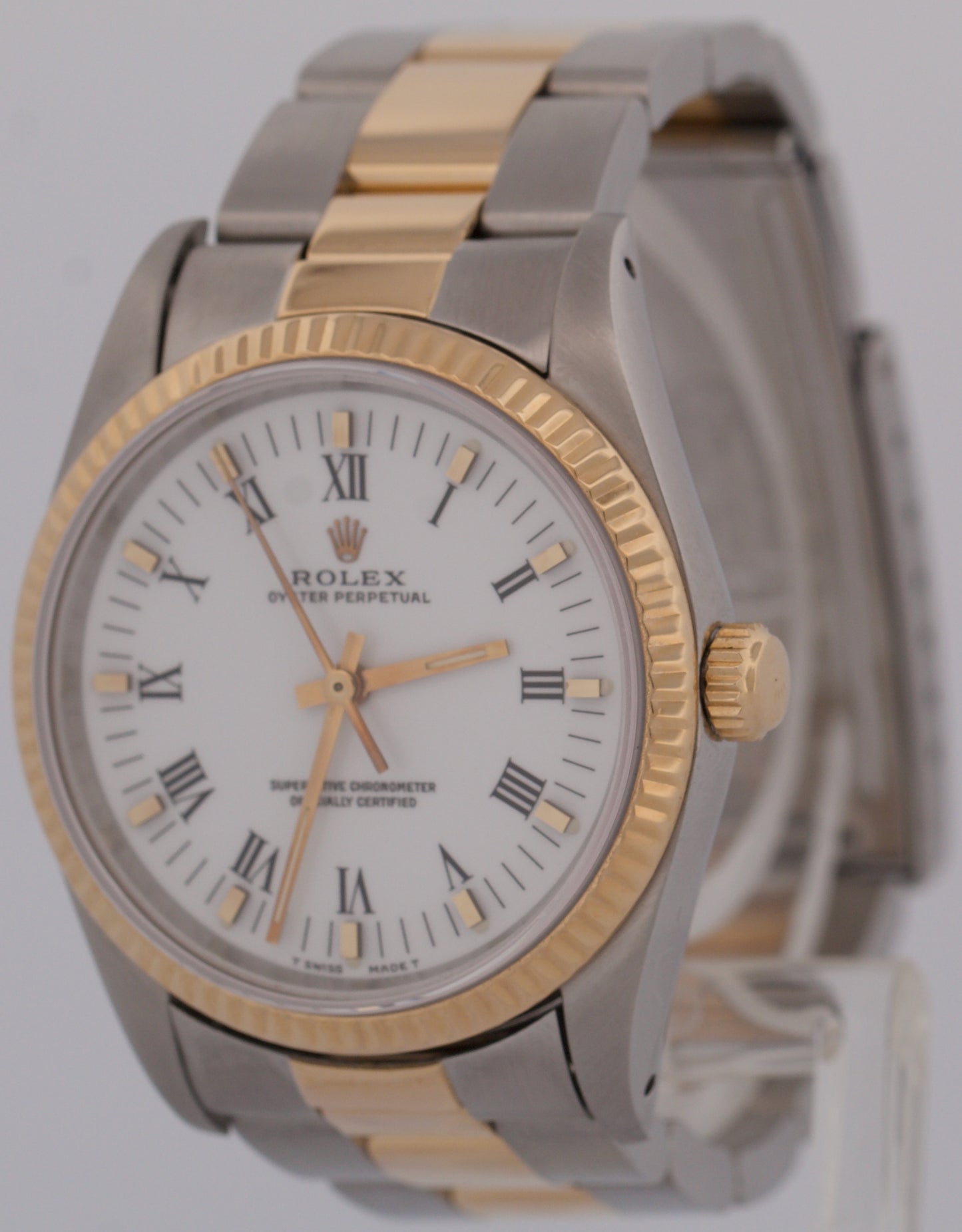 MINT Rolex Oyster Perpetual WHITE ROMAN Buckley 18K Gold Steel Oyster 34mm 14233