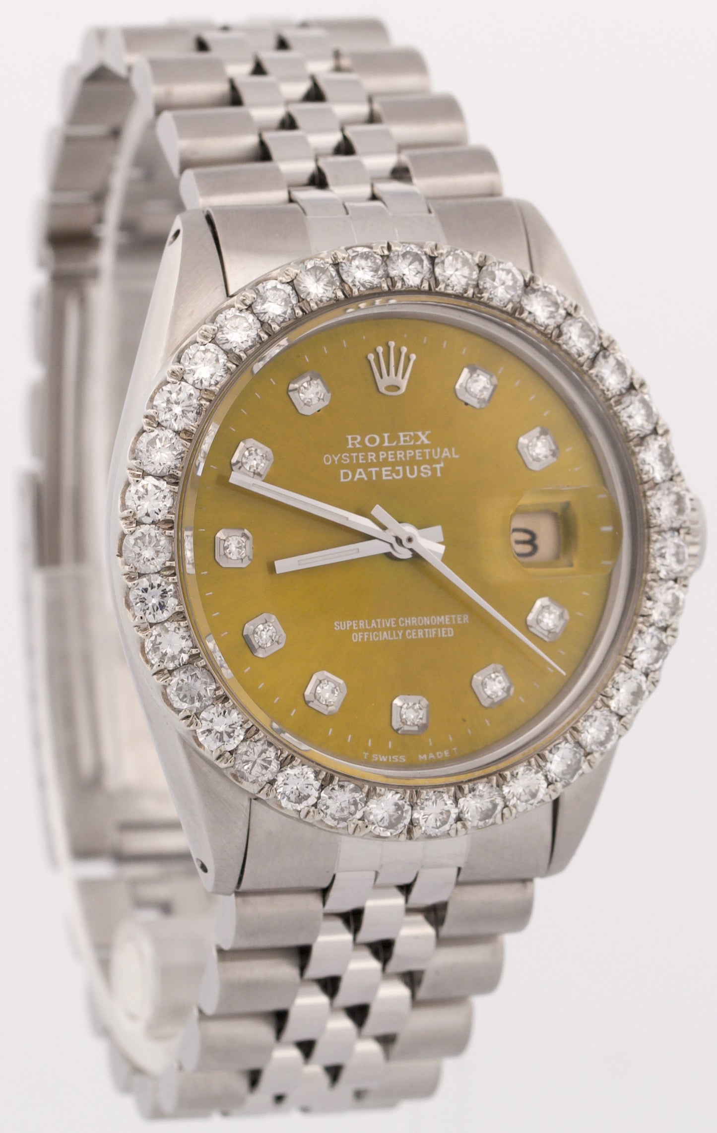 VINTAGE Rolex DateJust 36mm GREEN DIAMOND 18K Gold Steel JUBILEE 16013 Watch