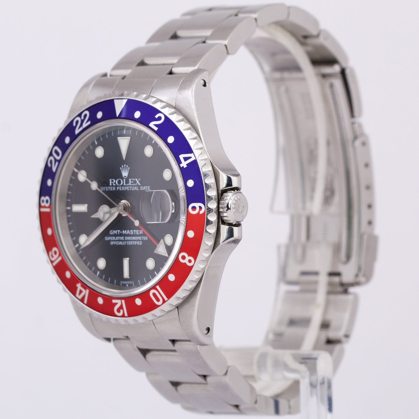 1999 PAPERS Rolex GMT-Master 40mm PEPSI Blue Red Stainless Steel Watch 16700 B+P