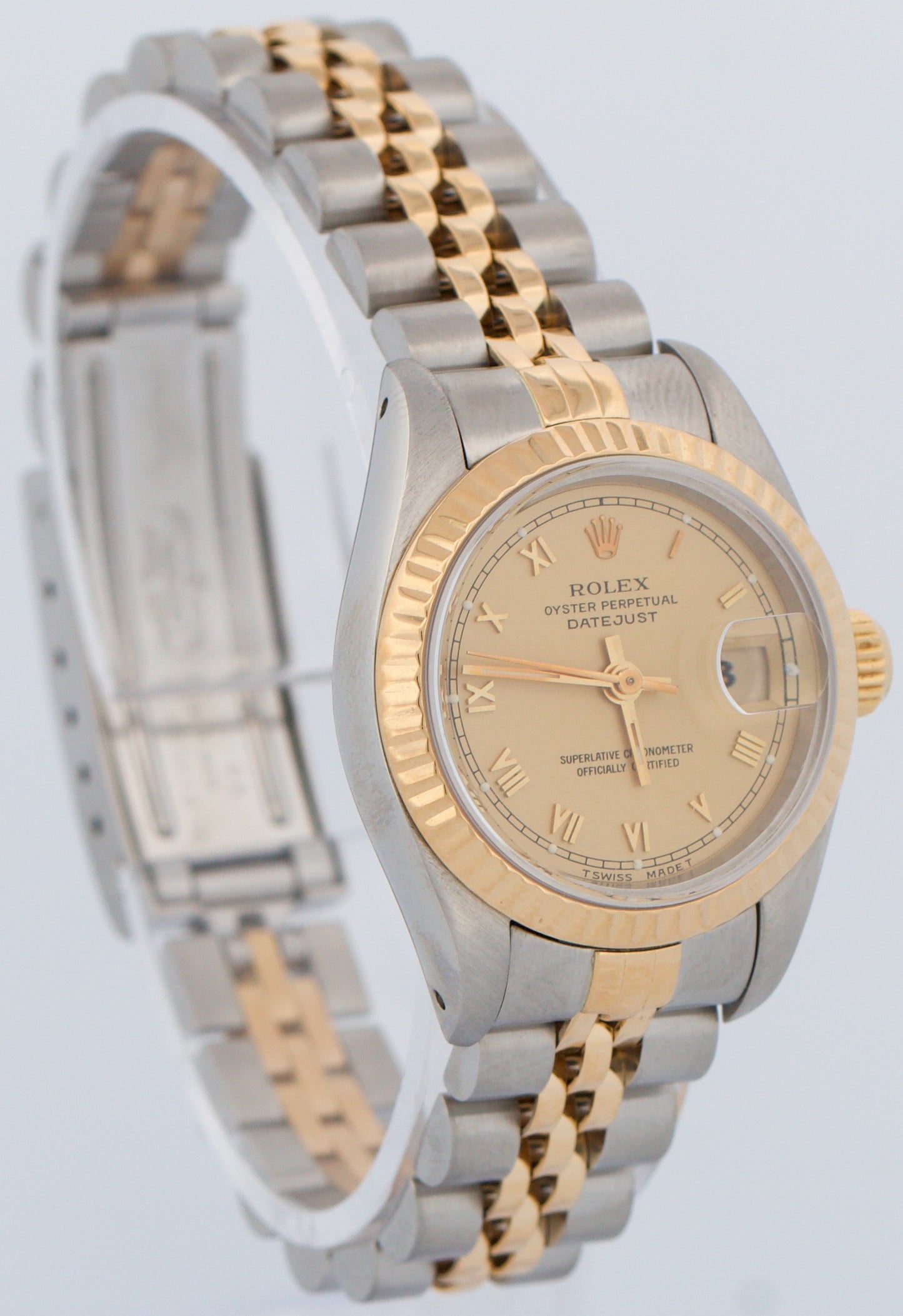 Ladies Rolex DateJust 26mm FLAT CHAMPAGNE ROMAN 18K Gold Stainless JUBILEE 69173
