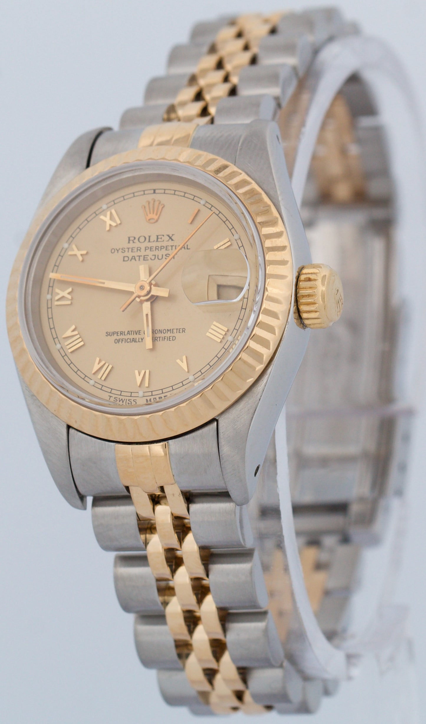 Ladies Rolex DateJust 26mm FLAT CHAMPAGNE ROMAN 18K Gold Stainless JUBILEE 69173