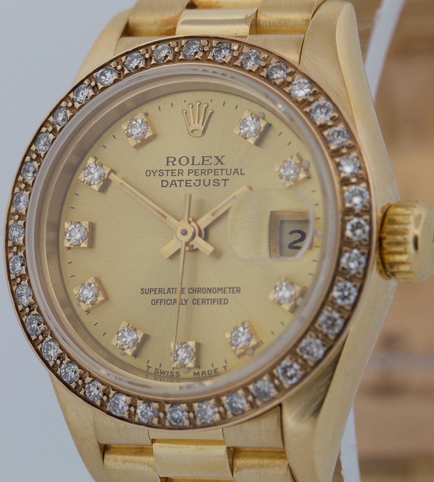 Ladies Rolex DateJust President 26mm CHAMPAGNE DIAMOND 18K Gold 69178 Watch