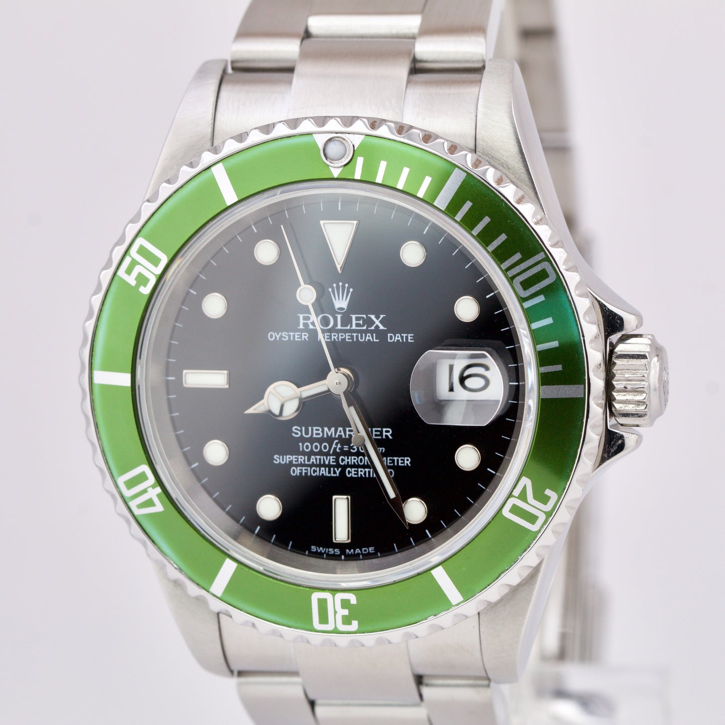 Rolex Submariner Date NO-HOLES CASE Green Black Stainless Automatic 16610 Watch
