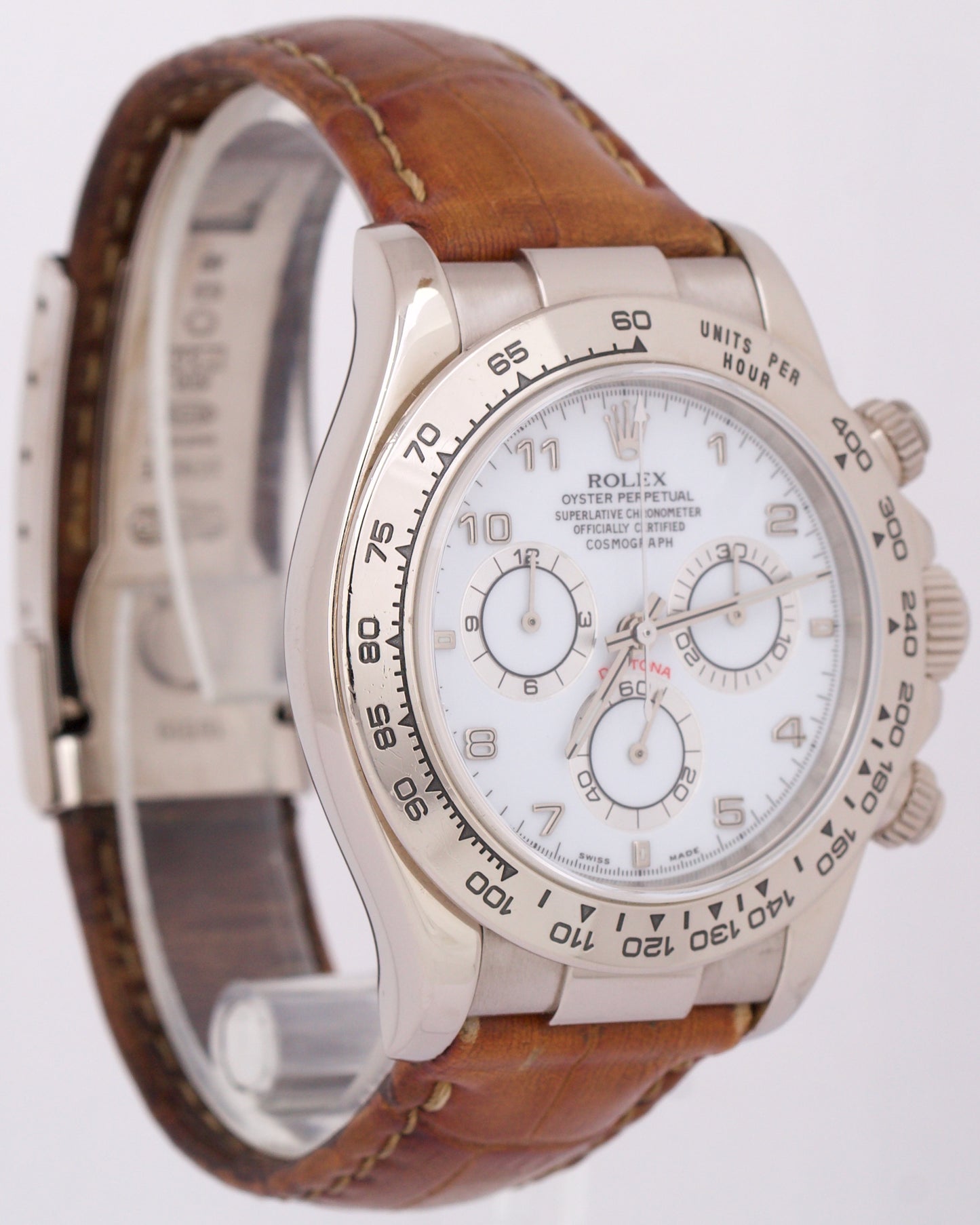 Rolex Daytona Cosmograph WHITE ARABIC 18K White Gold Brown Leather Watch 116519
