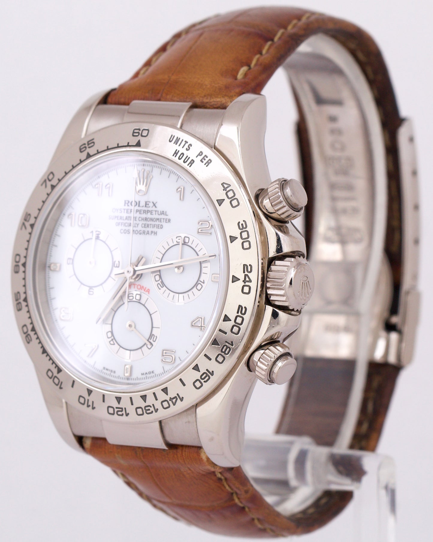 Rolex Daytona Cosmograph WHITE ARABIC 18K White Gold Brown Leather Watch 116519