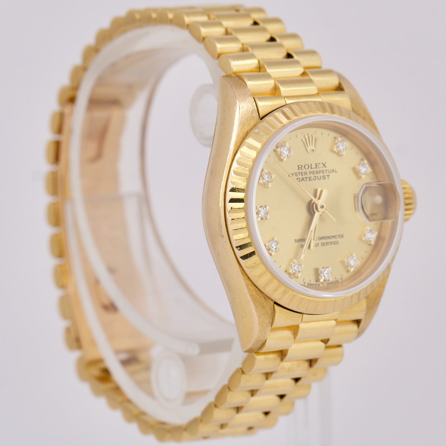 Ladies Rolex DateJust President 26mm FACTORY CHAMPAGNE DIAMOND 18K Gold 69178