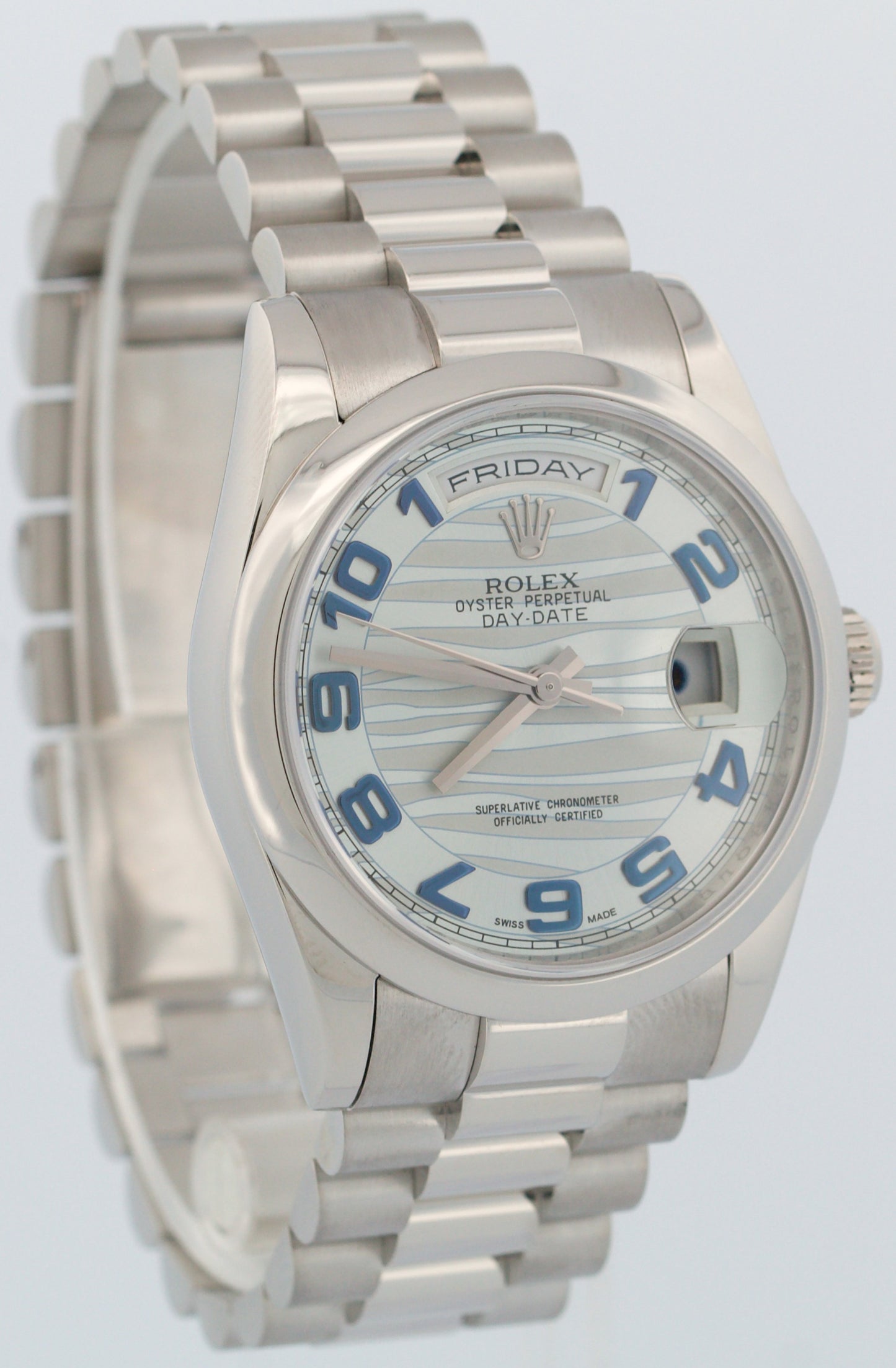 Rolex Day-Date Presidential 36mm GLACIER BLUE WAVE 950 Platinum Watch 118206 BOX