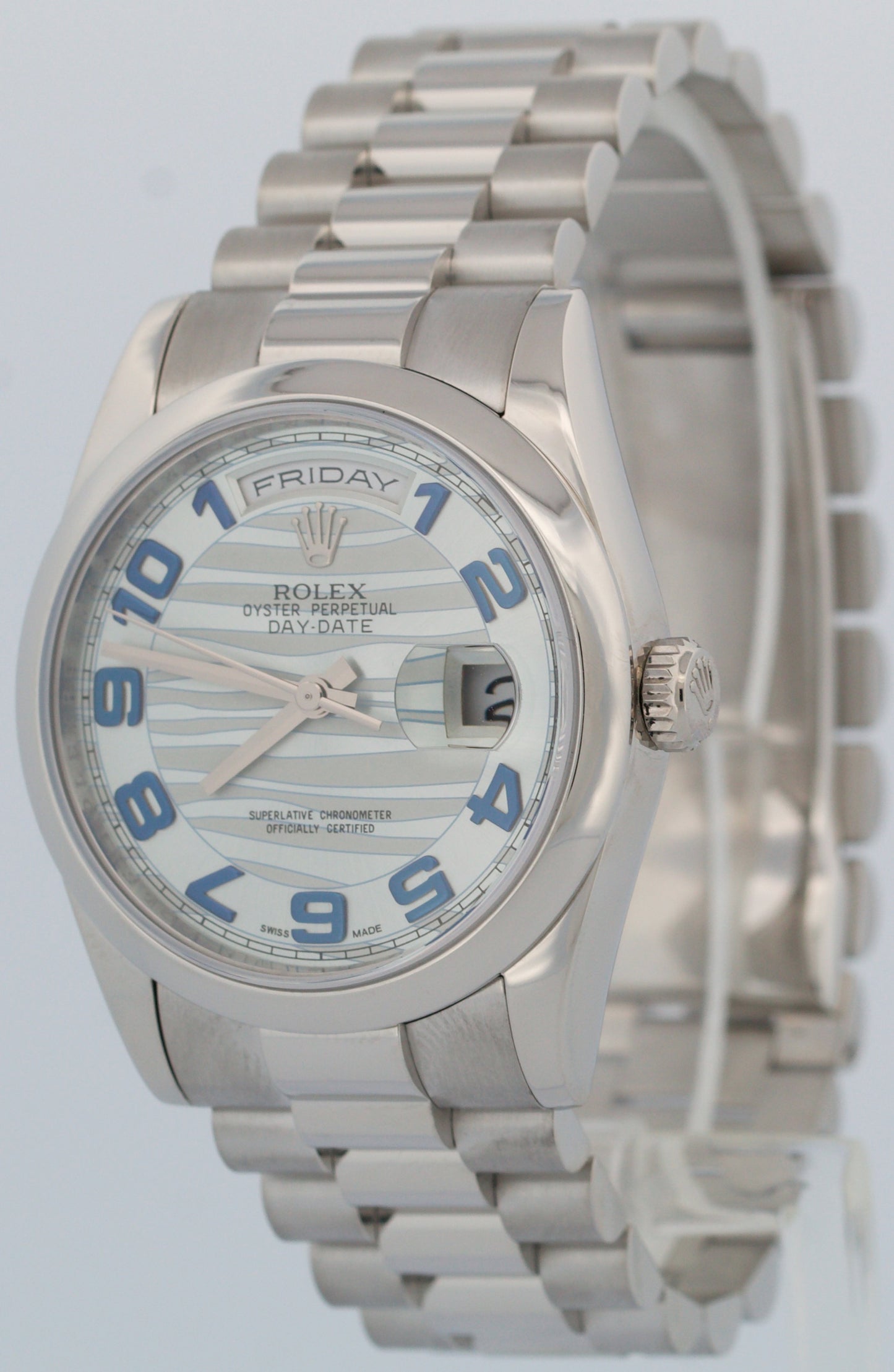 Rolex Day-Date Presidential 36mm GLACIER BLUE WAVE 950 Platinum Watch 118206 BOX