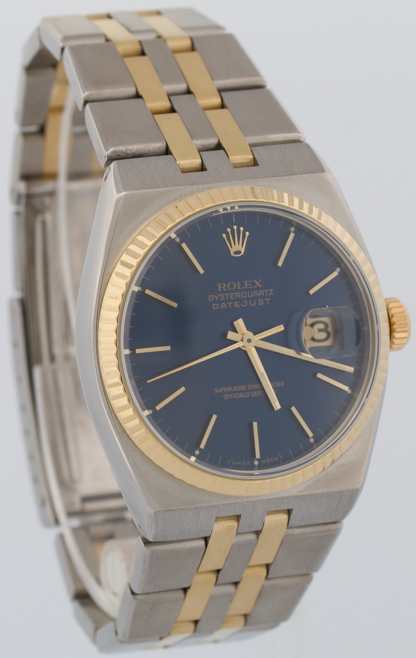 Rolex Oysterquartz DateJust 36mm BLUE Two-Tone 18K Yellow Gold Steel Watch 17013