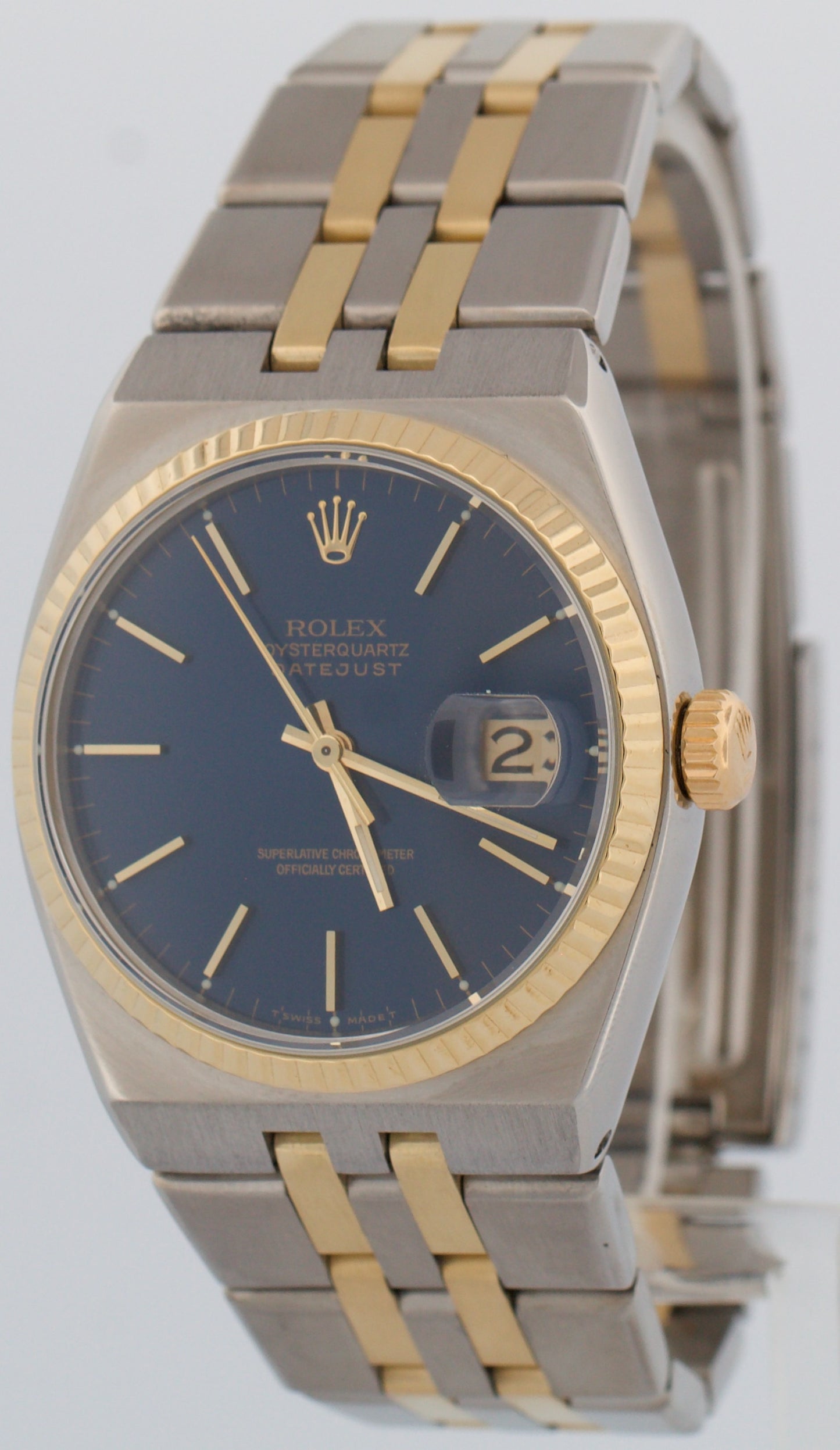 Rolex Oysterquartz DateJust 36mm BLUE Two-Tone 18K Yellow Gold Steel Watch 17013