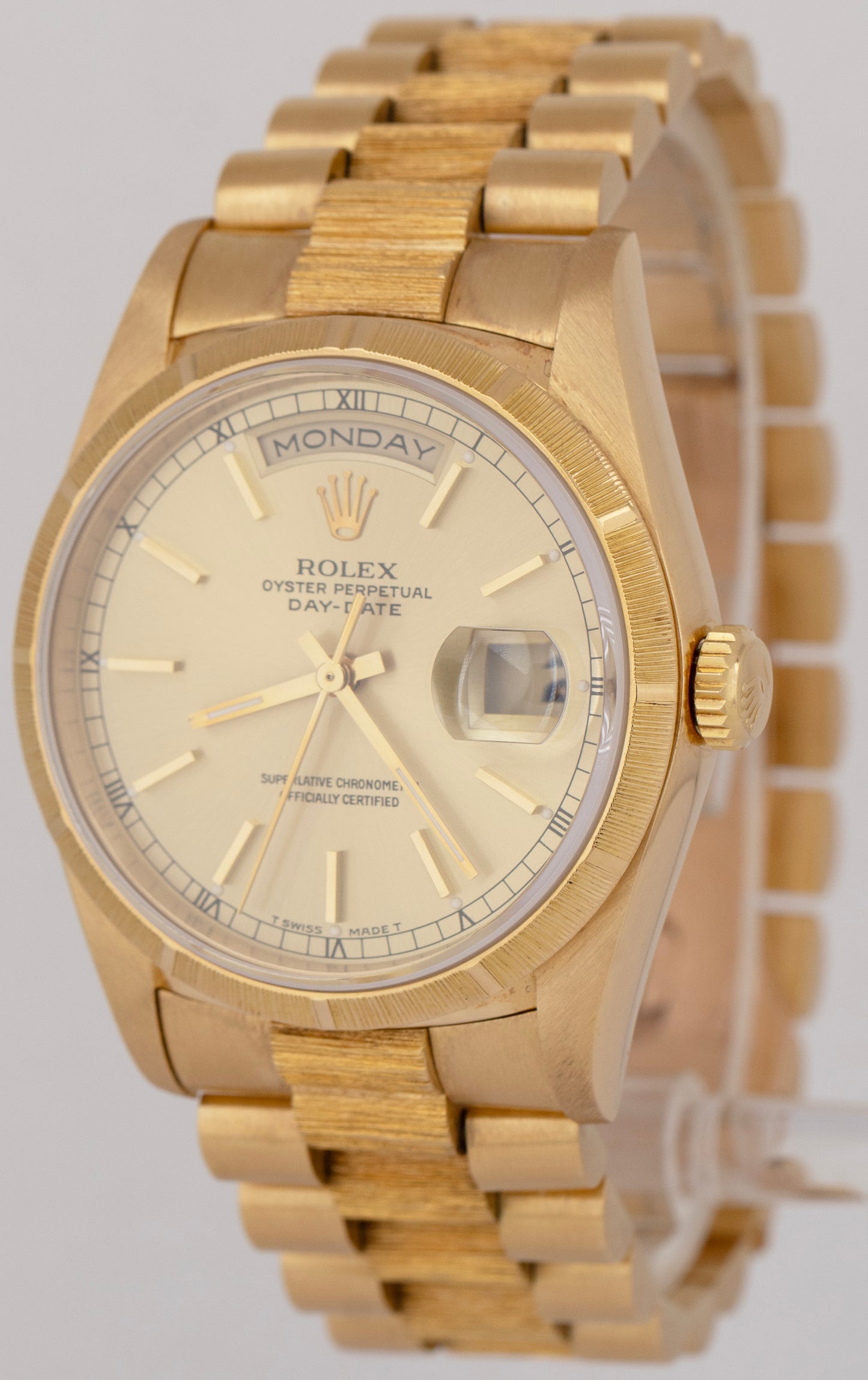 Rolex Day-Date 36mm President Champagne Dial 18K Yellow Gold Bark Watch 18248
