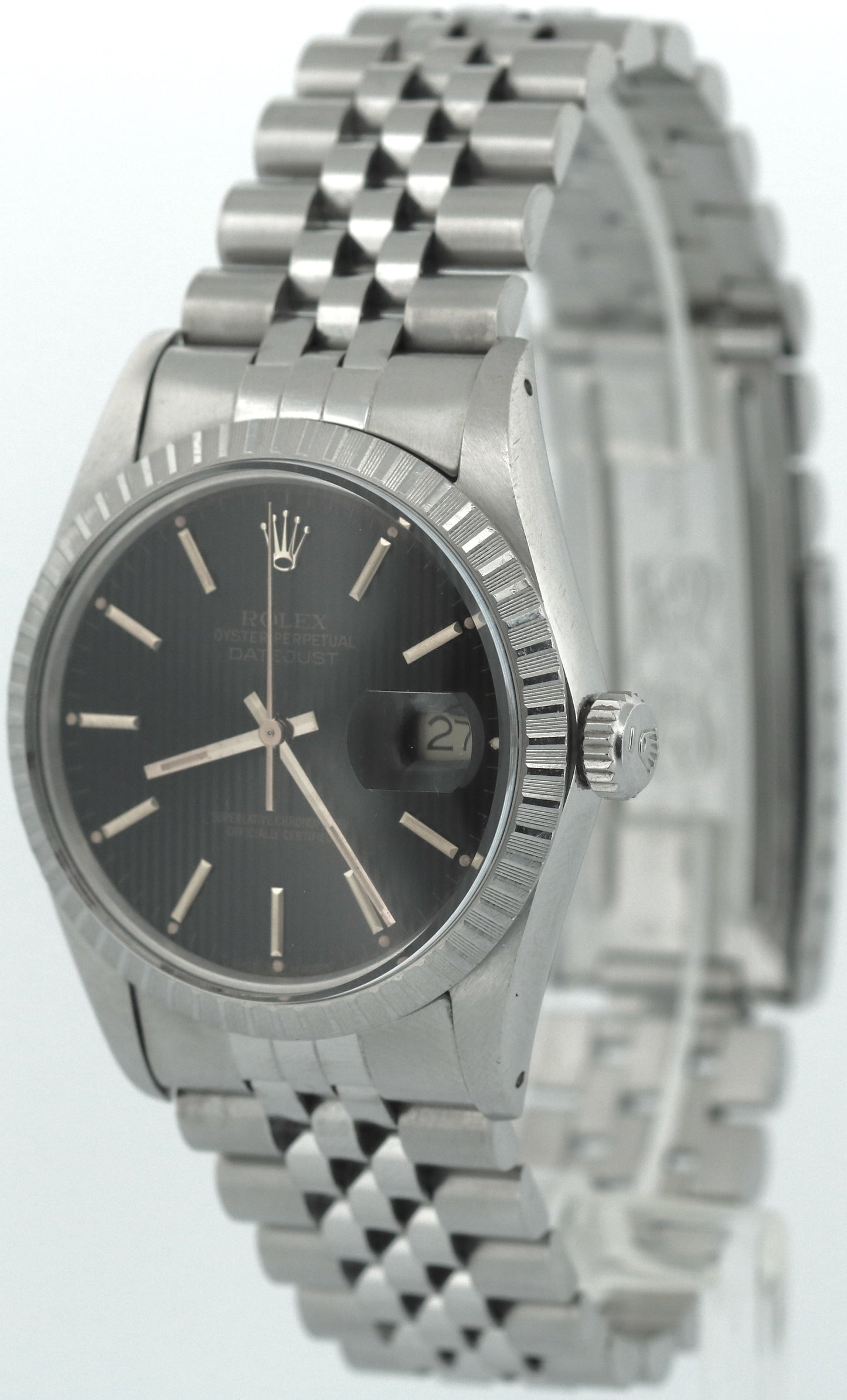 Rolex DateJust 36mm BLACK TAPESTRY Steel Engine Turned JUBILEE Watch 16030