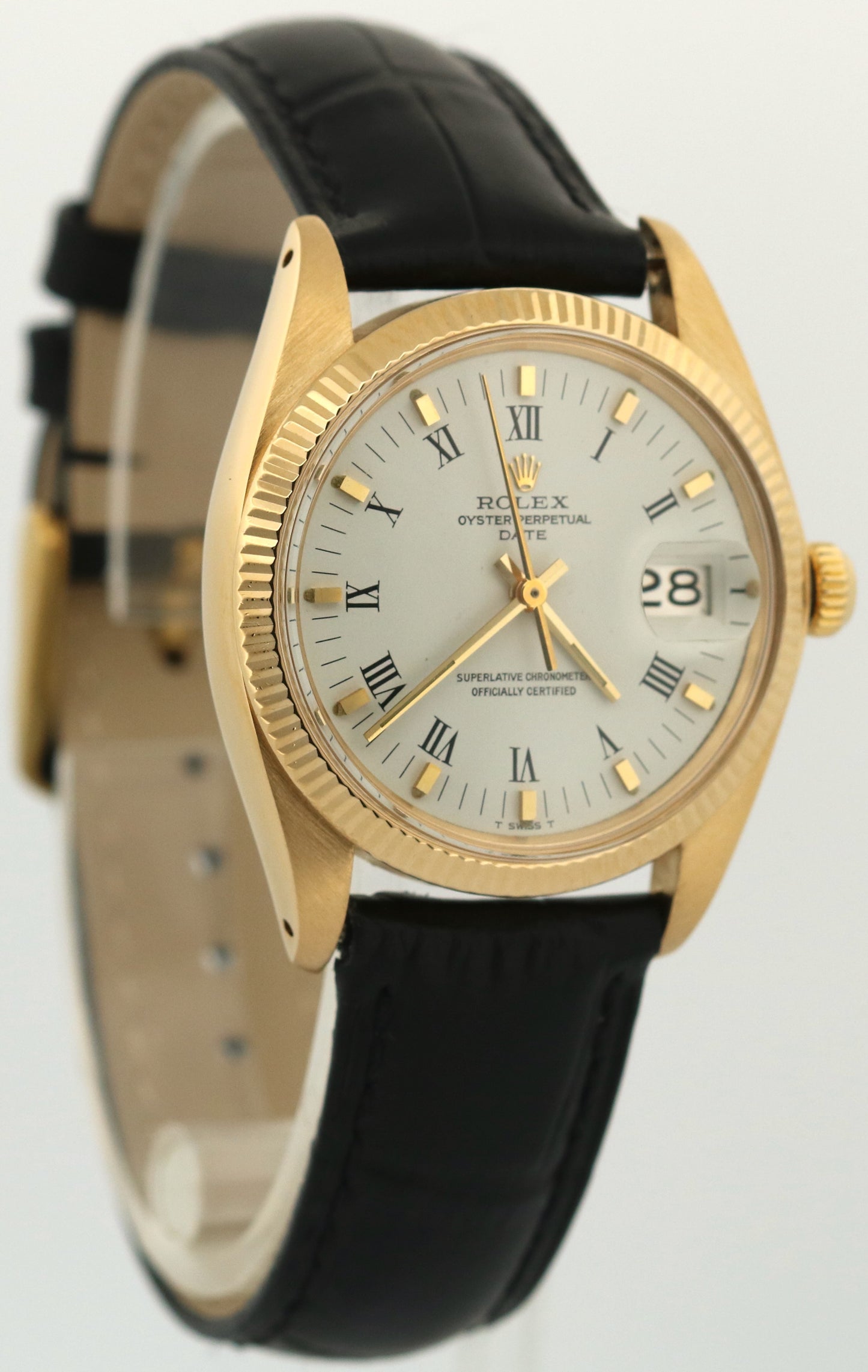 VINTAGE Rolex Oyster Perpetual Date 34mm WHITE BUCKLEY 18K Yellow Gold 1503