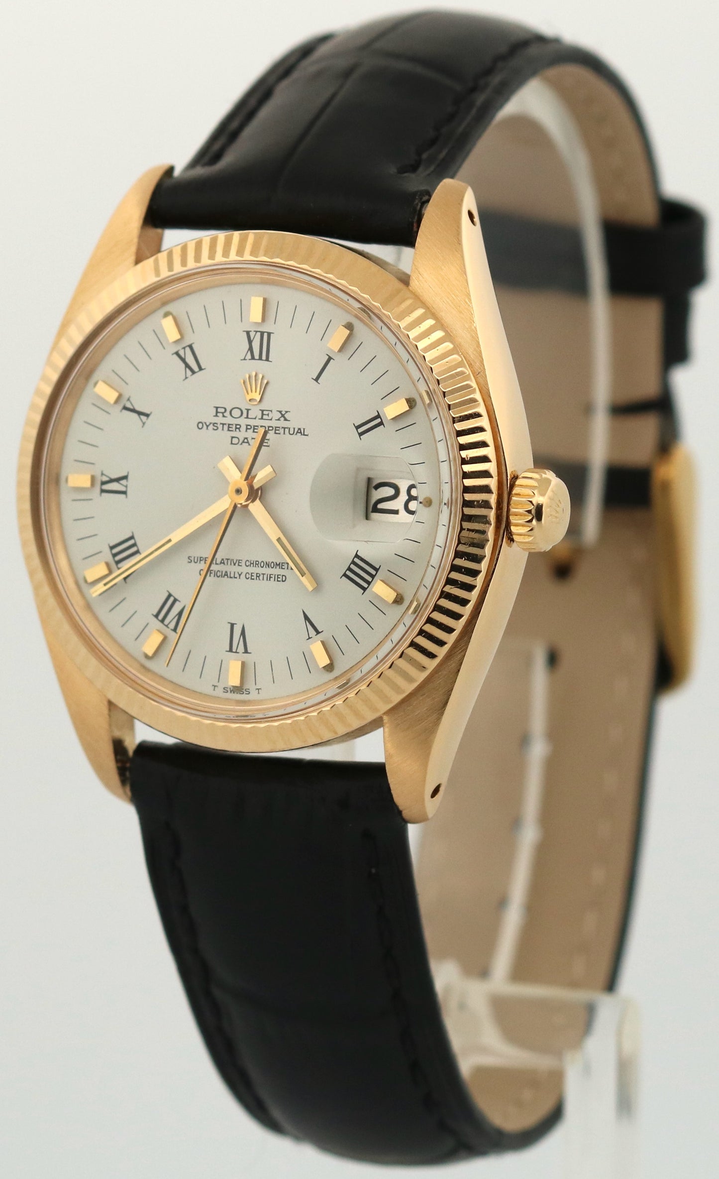 VINTAGE Rolex Oyster Perpetual Date 34mm WHITE BUCKLEY 18K Yellow Gold 1503