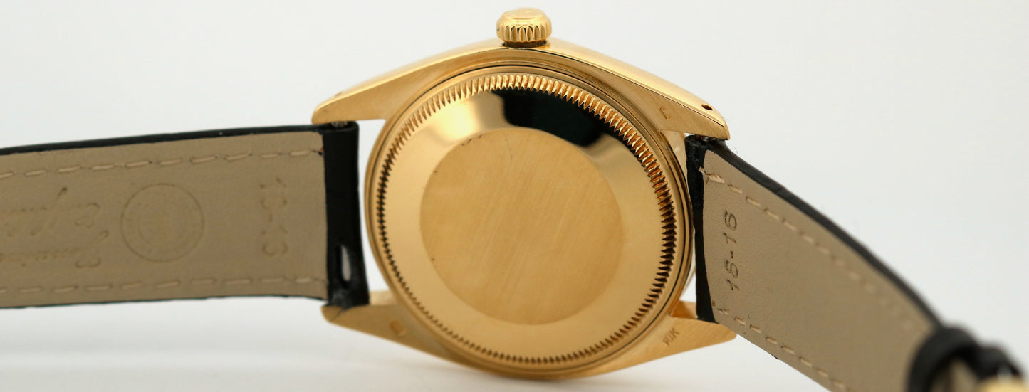 VINTAGE Rolex Oyster Perpetual Date 34mm WHITE BUCKLEY 18K Yellow Gold 1503