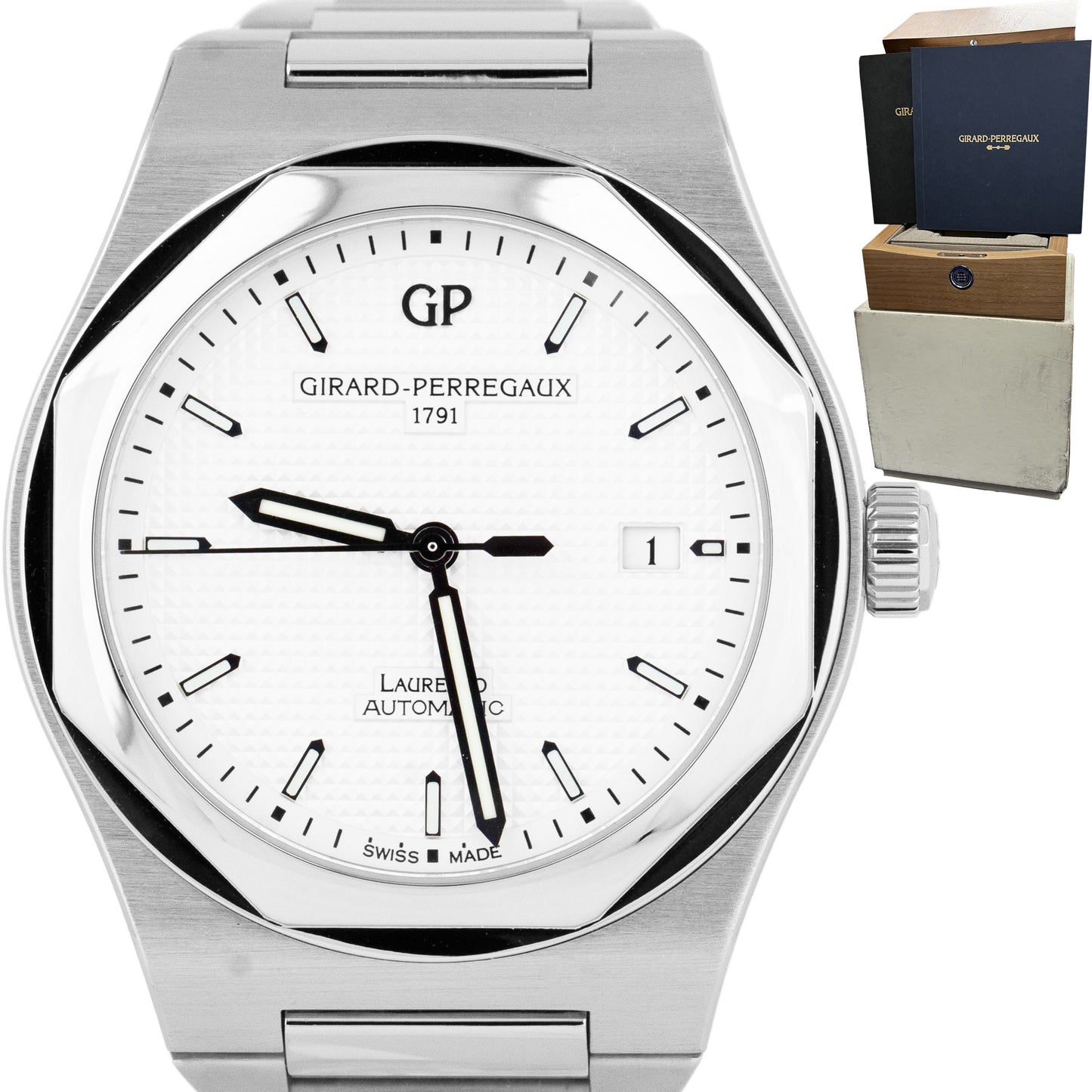 Girard Perregaux Laureato 225th Anniversary Stainless 41mm White Watch 81000 BOX